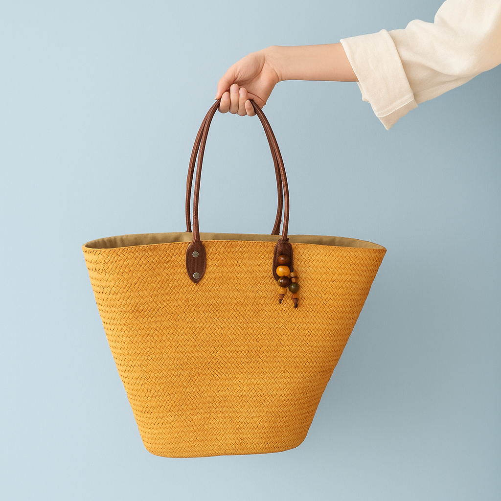 Yellow Woven Palm Leaf Tote Bag