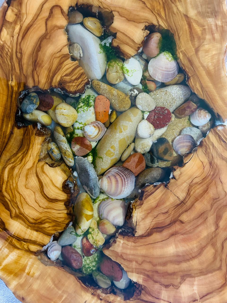 Live Edge Olive Wood Resin Side Table – Sea Shell Pebble Resin, 20.1 × 13 in (One of a Kind, T47) 1-0CaeVdSE9ygVvfAze4fi-_1eQFYRbNx