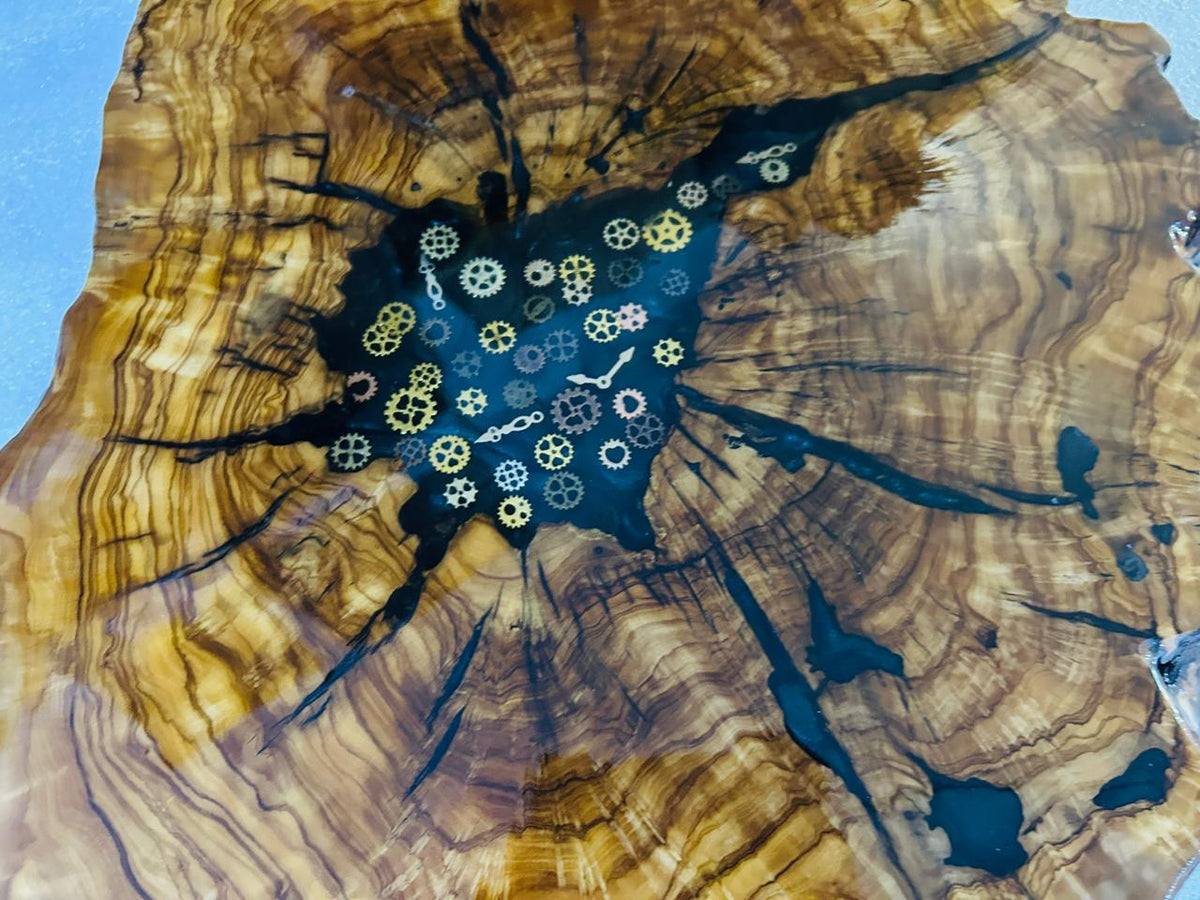 Live Edge Olive Wood Resin Small Coffee Table – Black Resin Clock Gears, 26.8 × 17.3 in (One of a Kind, T55) 16MHOWYRD-1R5BlMwAyXJIhy3iYleL4_a