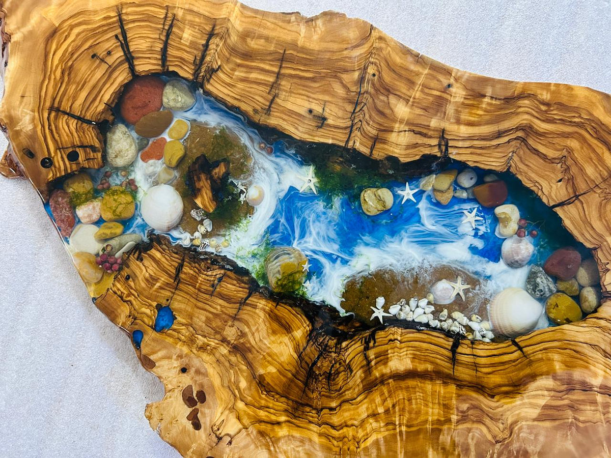 Live Edge Olive Wood Resin Small Coffee Table – Blue Ocean Pebble Resin, 26.8 × 14.2 in (One of a Kind, T46) 1DF6Xc4kQcGPeBLE9ysm8m4ozlngIduSe