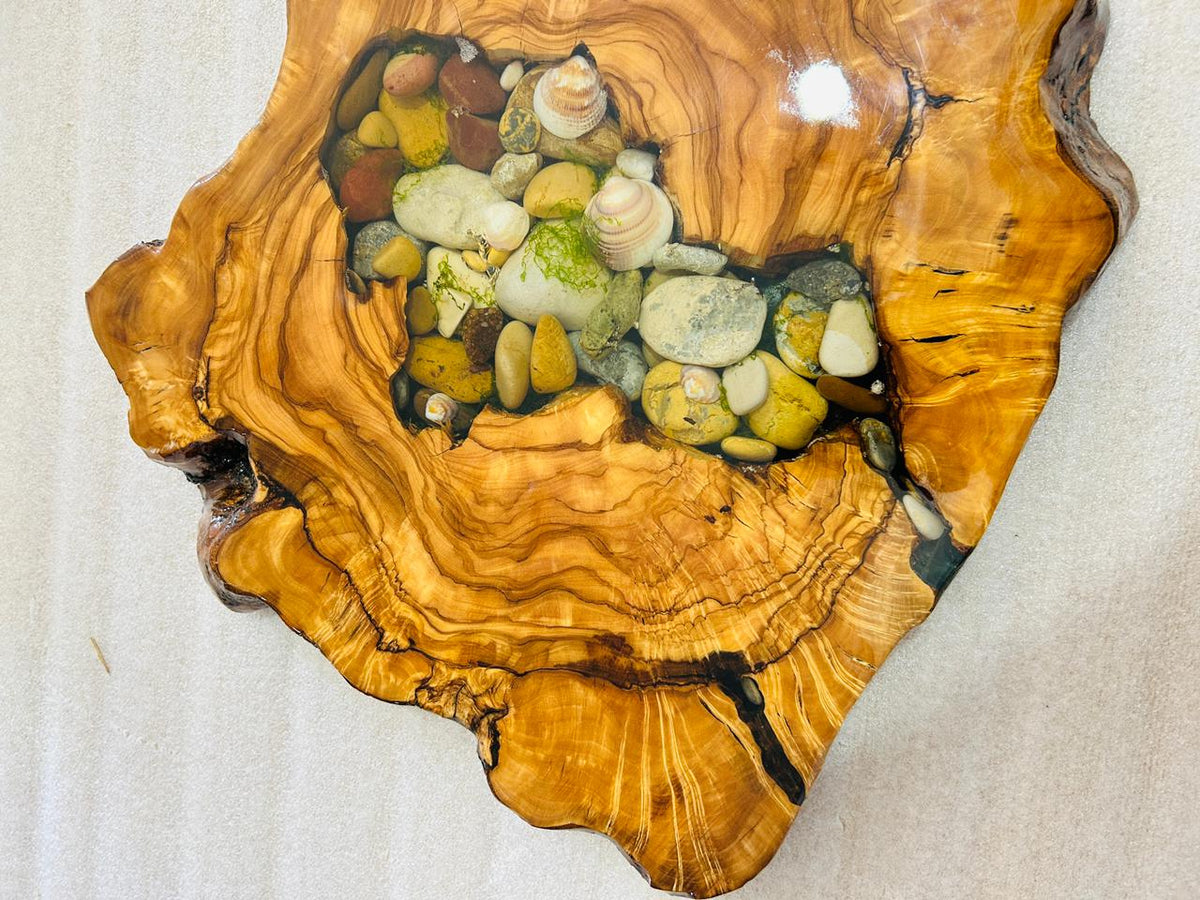 Live Edge Olive Wood Resin Side Table – Sea Shell Pebble Resin, 20.9 × 16.9 in (One of a Kind, T93) 1IJ4i41-YZASKorlnsl83HLB2BMWFmcSl