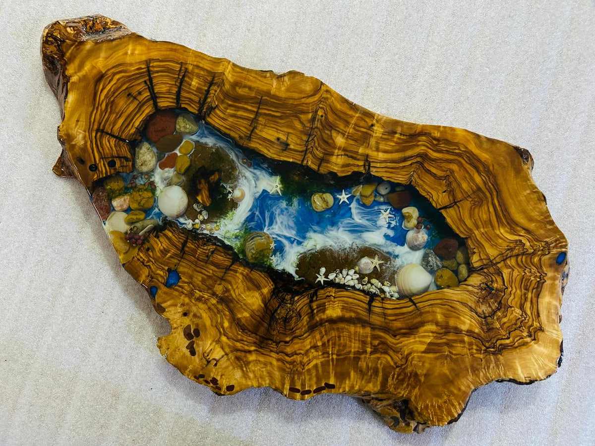 Live Edge Olive Wood Resin Small Coffee Table – Blue Ocean Pebble Resin, 26.8 × 14.2 in (One of a Kind, T46) 1RIZdYLovLWobuypEbCUDJhl4DvljKSUS