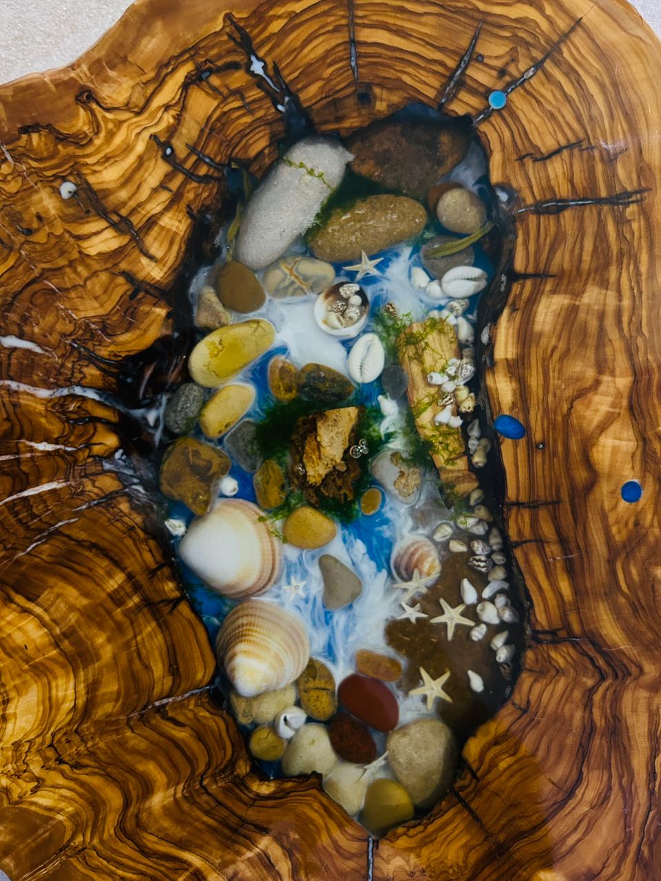 Live Edge Olive Wood Resin Side Table – Sea Shell Pebble Resin, 22 × 13.8 in (One of a Kind, T52) 1RLsPPFs307WBJt-ZnxSA0IcZixgPVfyF