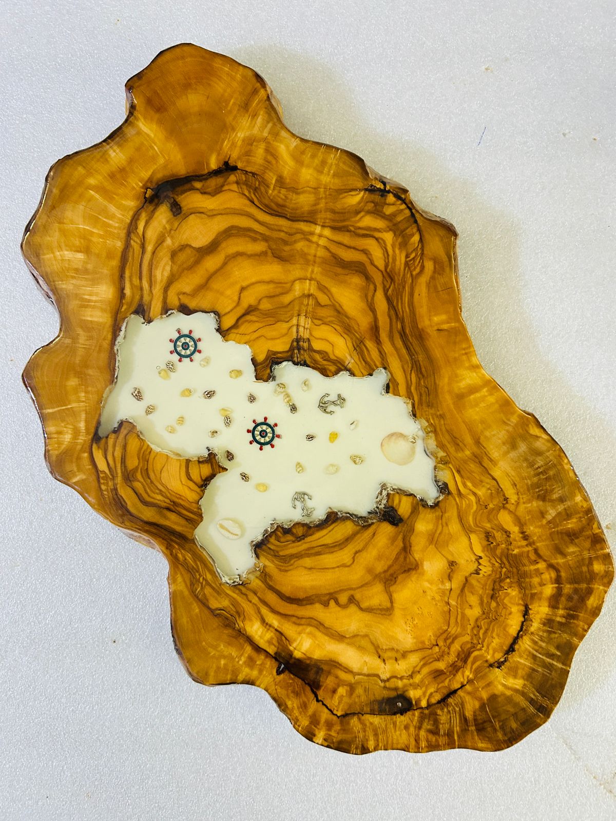 Live Edge Olive Wood Resin Side Table – White Resin Nautical Charms, 20.9 × 12.6 in (One of a Kind, T28) 1_WzyD1Pe3iDOL0ty9hCoU7ISPJ4w00cK