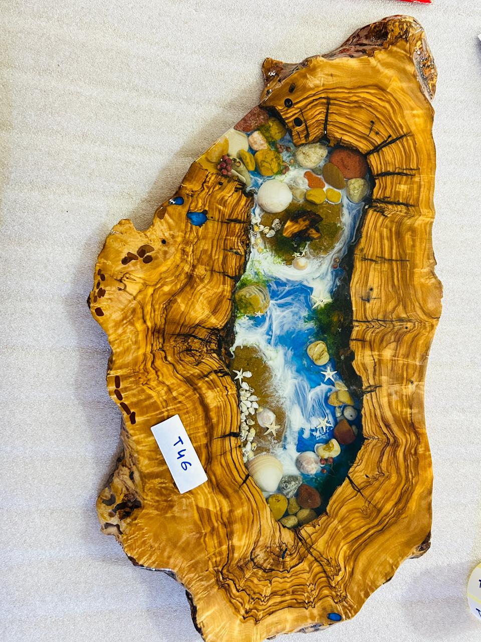 Live Edge Olive Wood Resin Small Coffee Table – Blue Ocean Pebble Resin, 26.8 × 14.2 in (One of a Kind, T46) 1nx0Stt5Gje8spXD3_J6tyL147aD1k2Ca