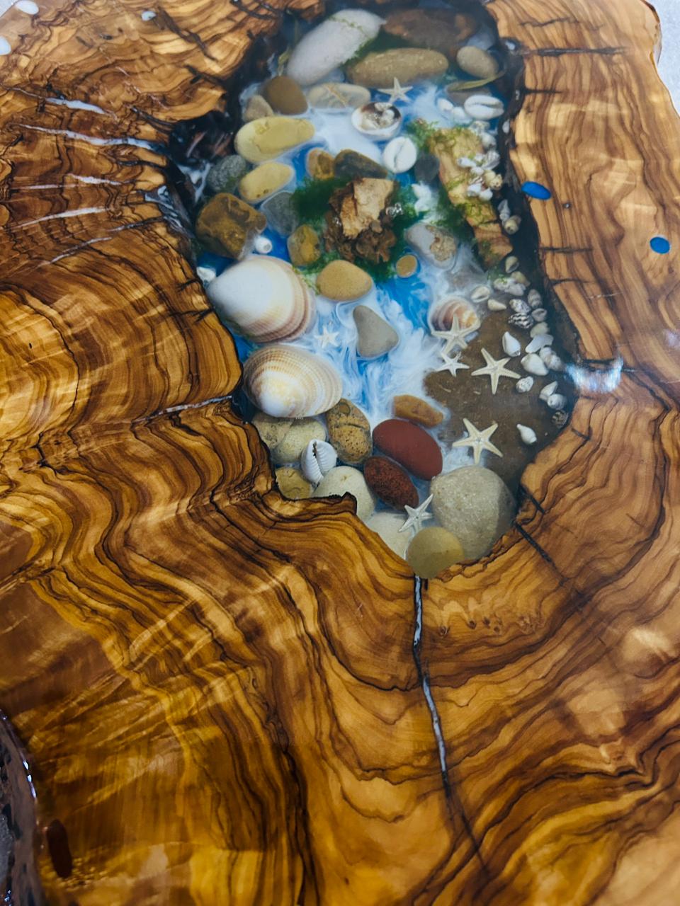Live Edge Olive Wood Resin Side Table – Sea Shell Pebble Resin, 22 × 13.8 in (One of a Kind, T52) 1xf15ZCKbJyemioOQgJzXaVn7pn-Zv4S9