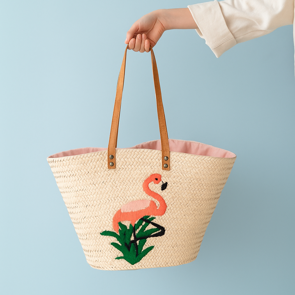 Palm Leaf Flamingo Straw Bag