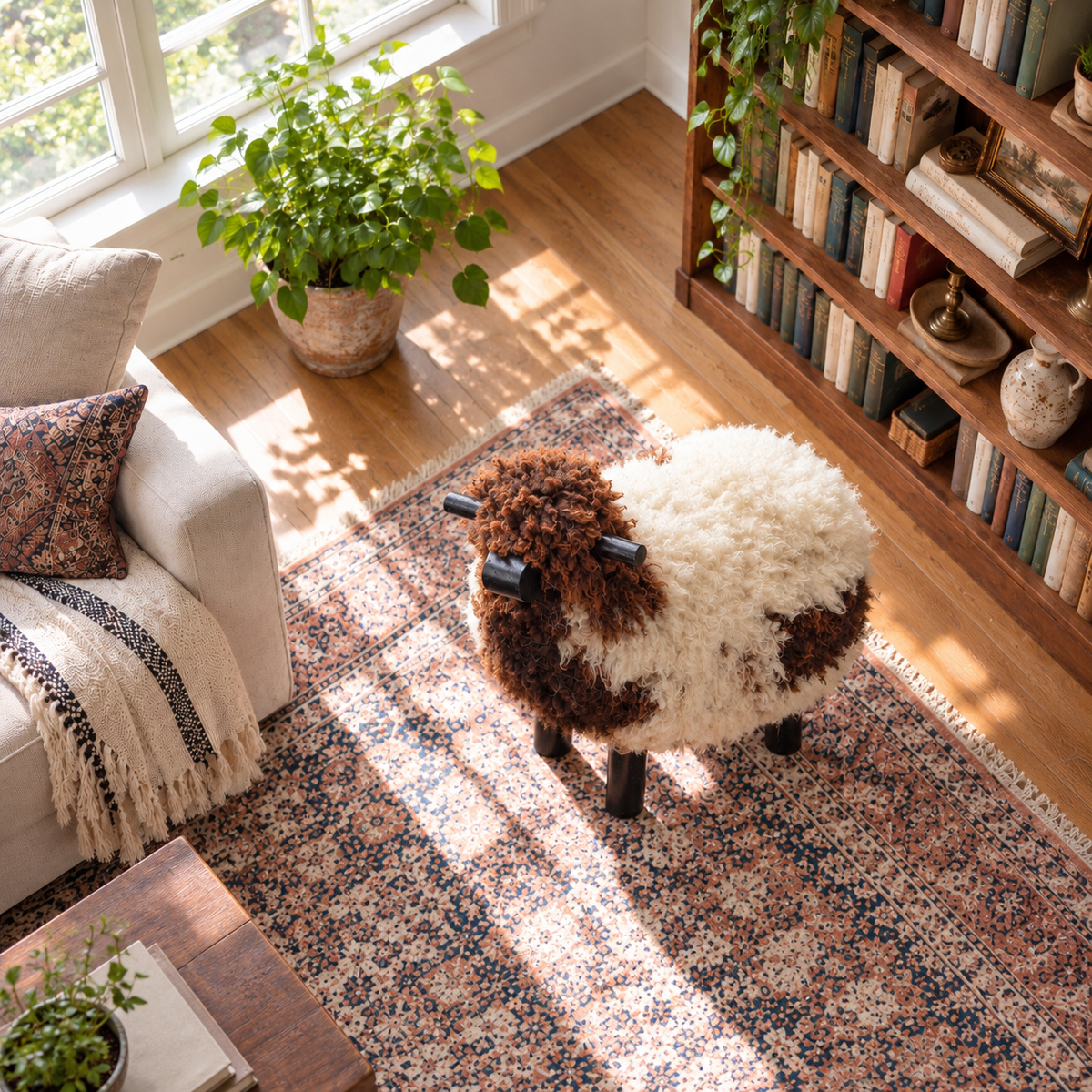 Sheepskin Sheep Stool & Footrest Coin_lecture_dans_la_lumiere_doree