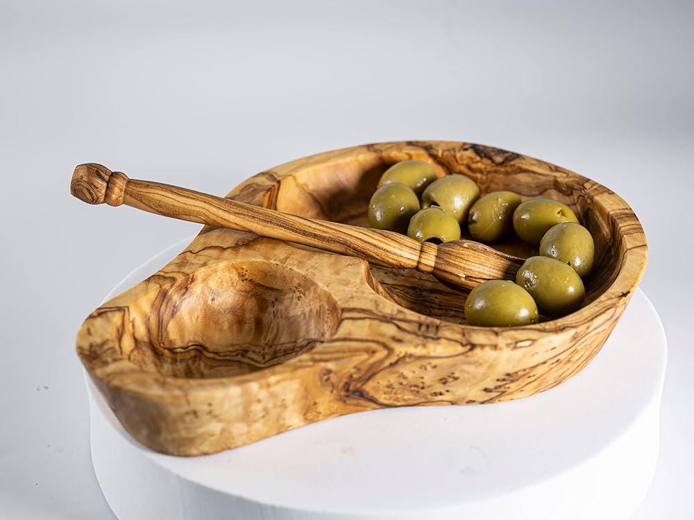 Olive Wood Divided Serving Dish with Olive Picker – A Perfect Entertaining Set