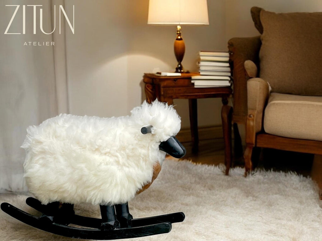 Sheep Rocking Chair: Real Sheepskin & Wood, Nursery Decor