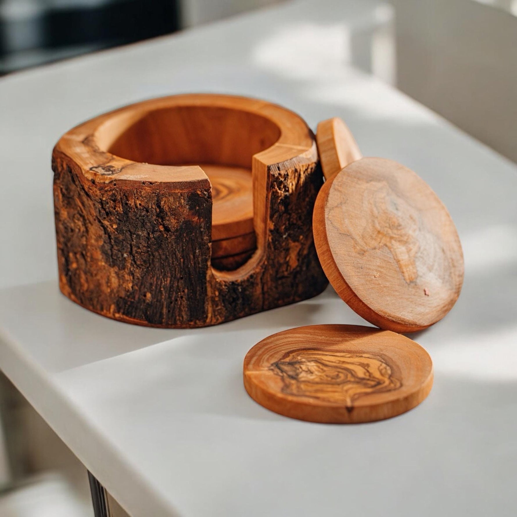 Coasters Set | Handmade with Olive Wood | Unique Rustic Wooden Coasters |Natural Coaster Set | handcrafted kitchenware |Set Of 6 Coasters