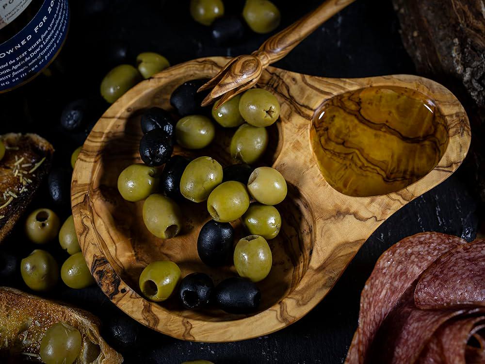 Olive Wood Divided Serving Dish with Olive Picker – A Perfect Entertaining Set