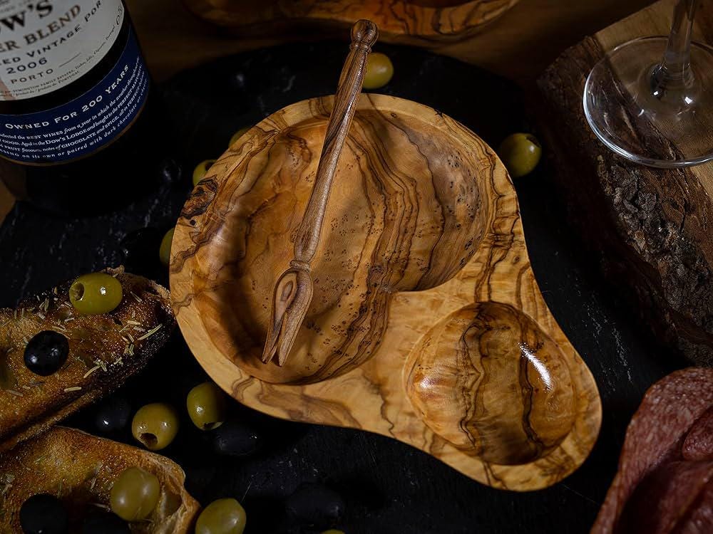 Olive Wood Divided Serving Dish with Olive Picker – A Perfect Entertaining Set