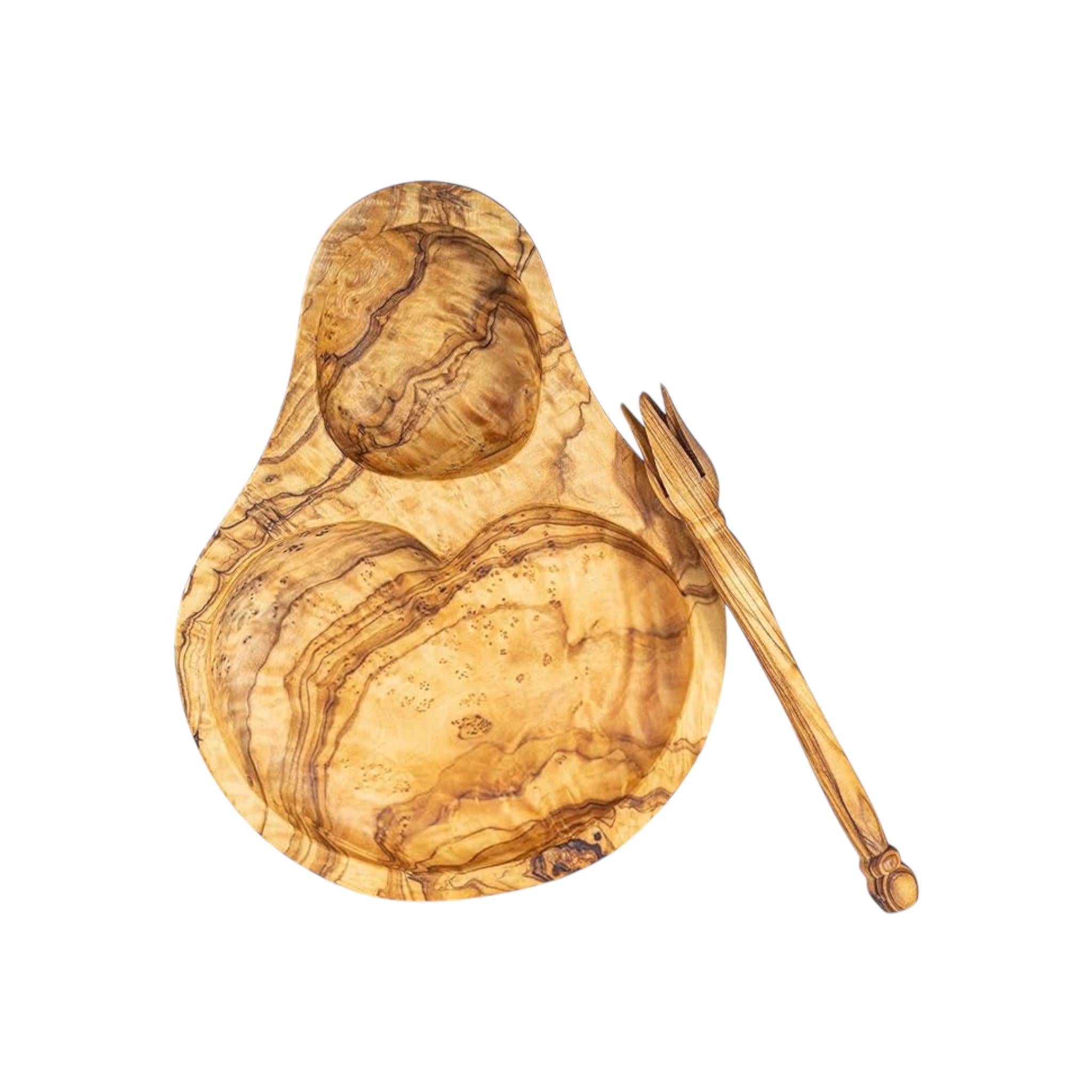 Olive Wood Divided Serving Dish with Olive Picker – A Perfect Entertaining Set
