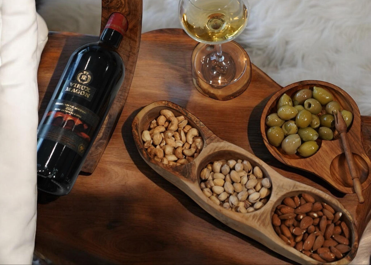 Handmade Olive Wood Divided Serving Tray: Rustic Snack Bowl