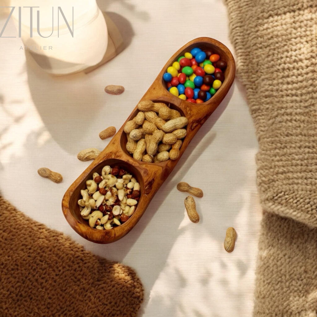 Handmade Olive Wood Divided Serving Tray: Rustic Snack Bowl