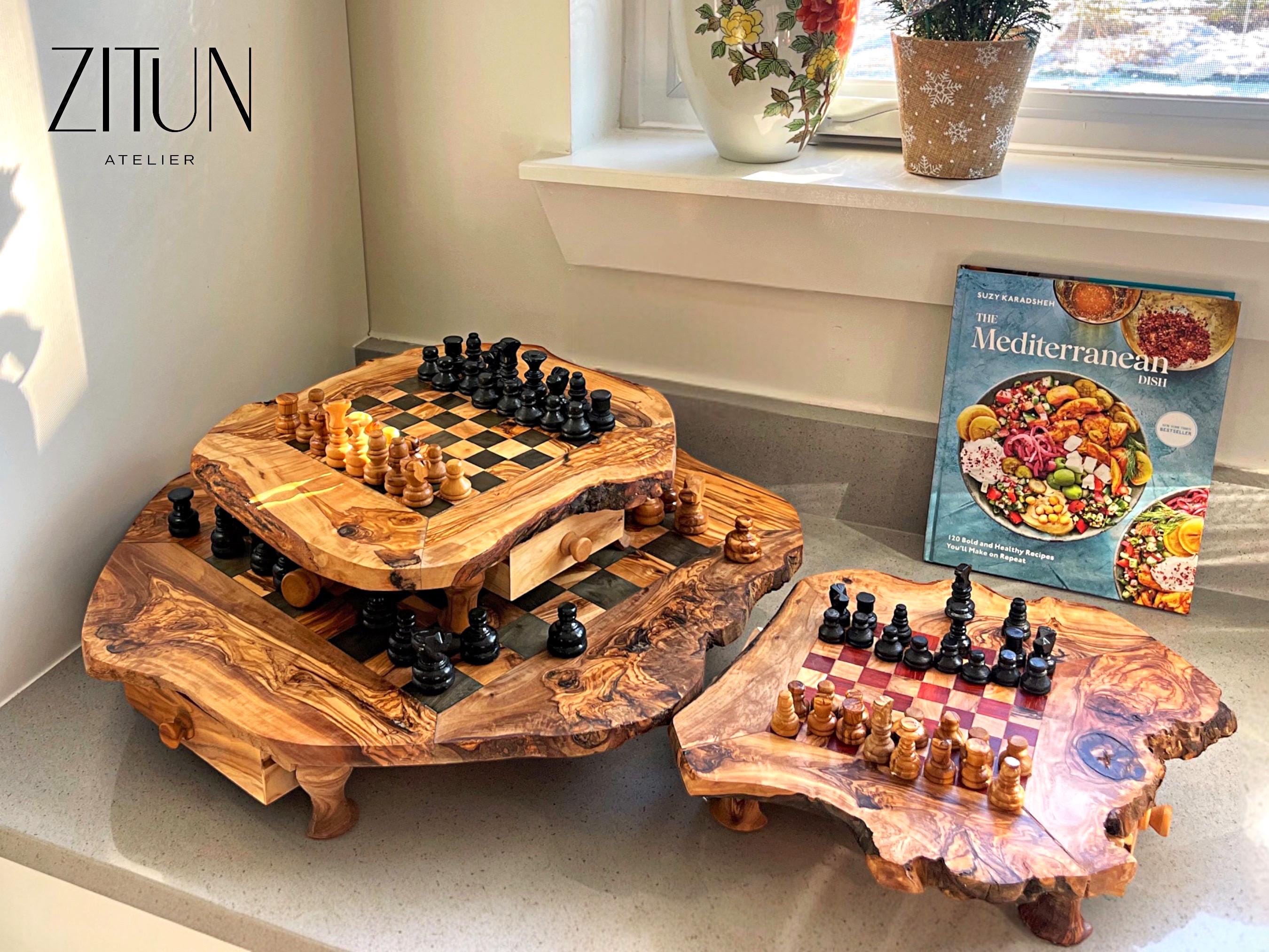 Handmade Olive Wood Chess Set: Rustic Board Game with Storage