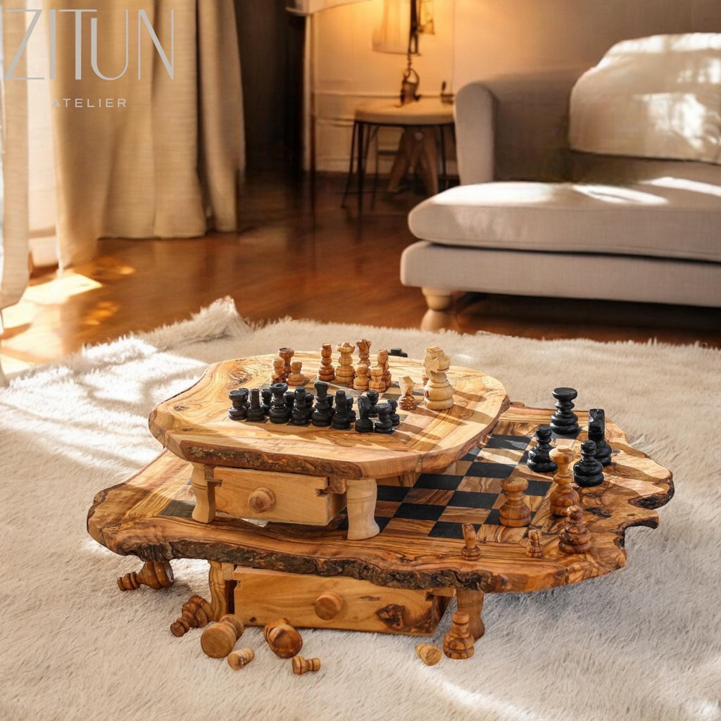 Handmade Olive Wood Chess Set: Rustic Board Game with Storage