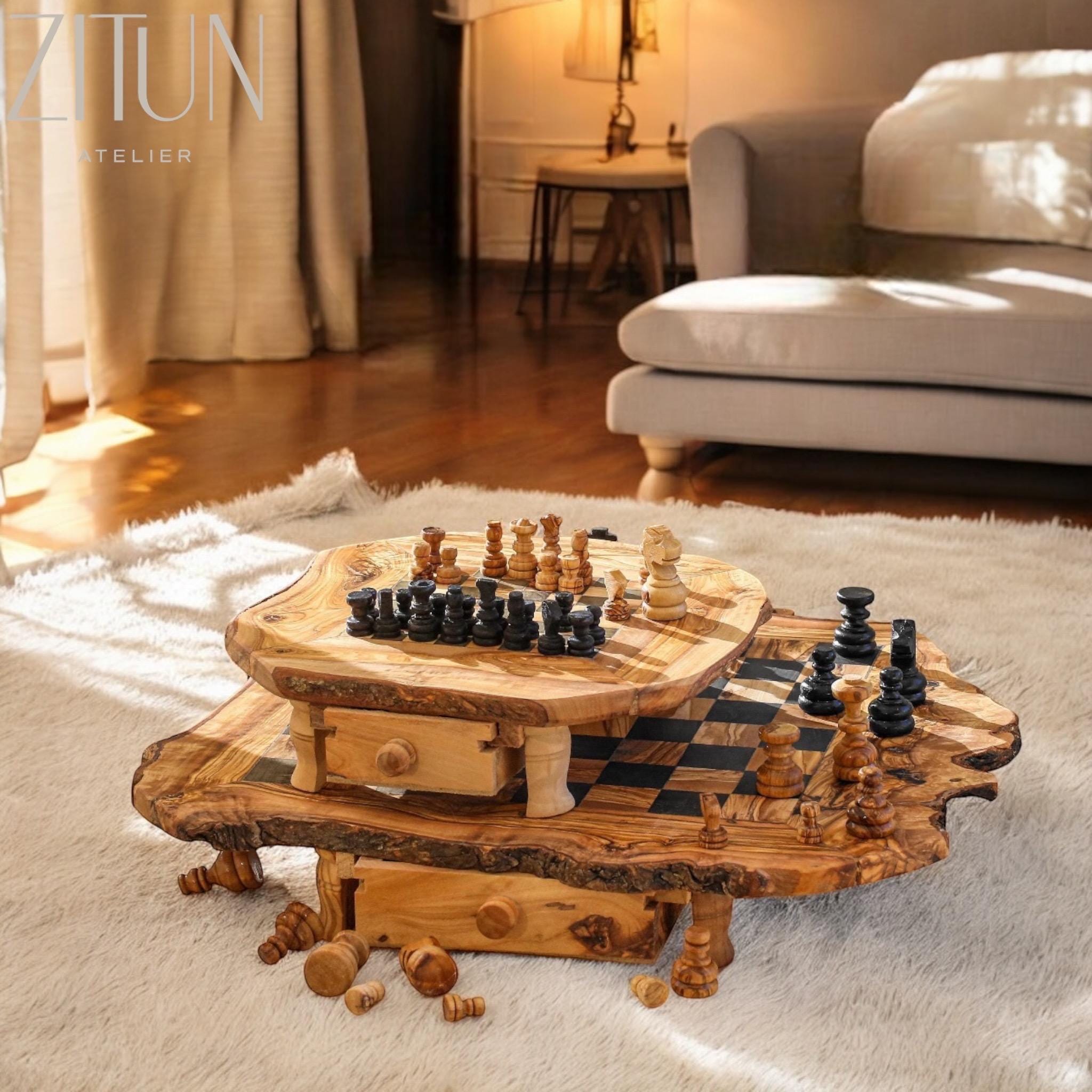 Handmade Olive Wood Chess Set: Rustic Board Game with Storage