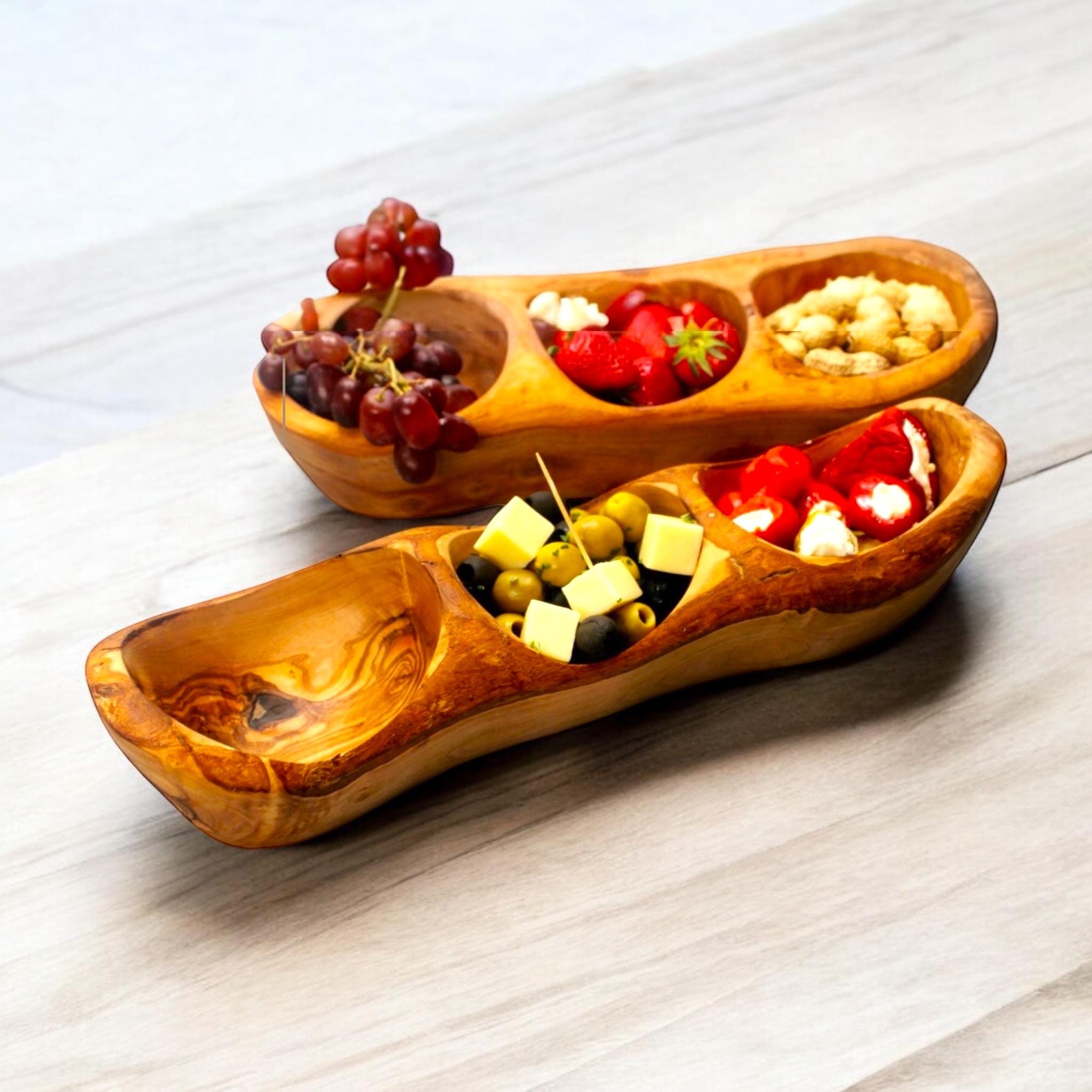 Handmade Olive Wood Divided Serving Tray: Rustic Snack Bowl