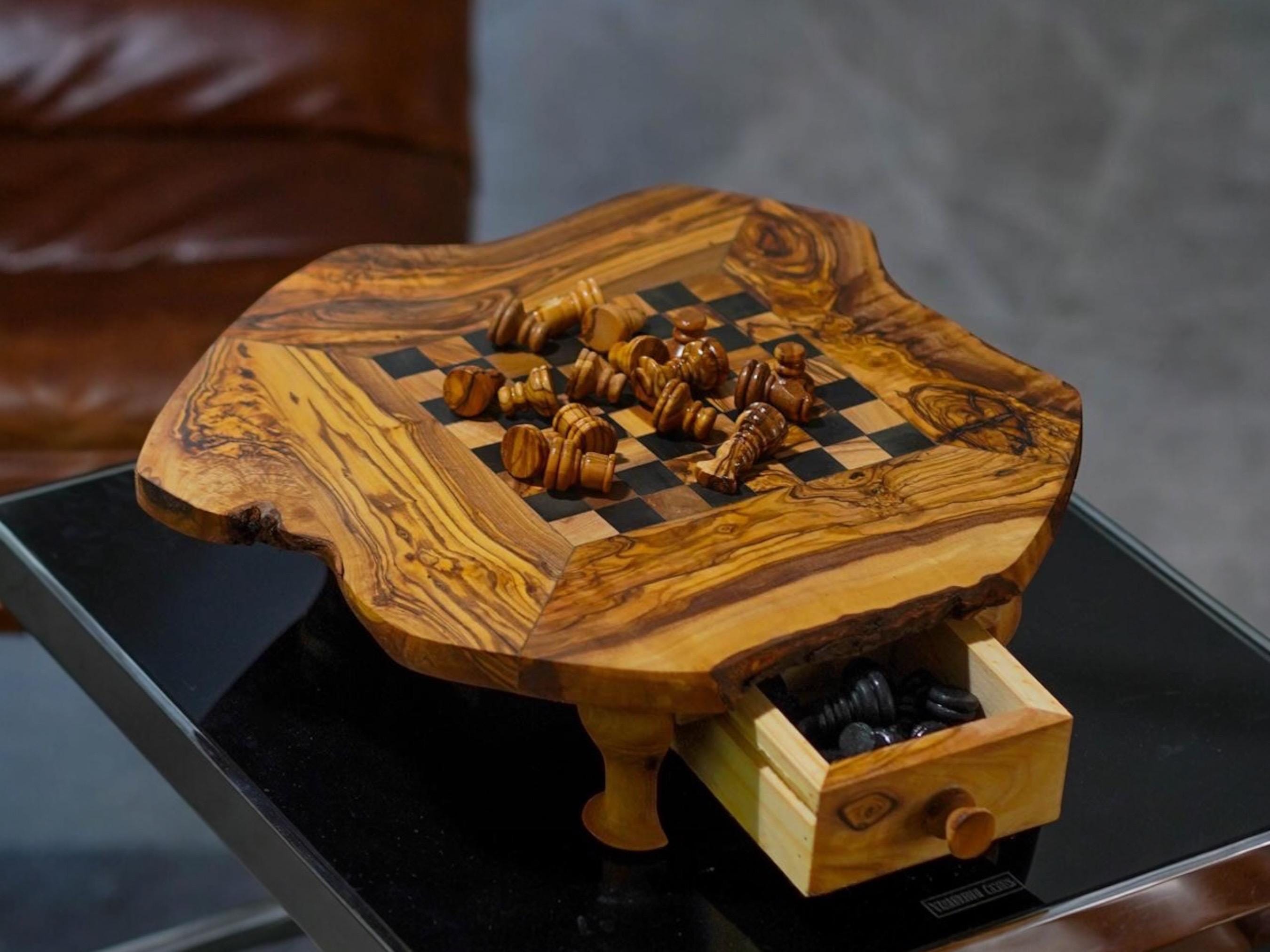 Handmade Olive Wood Chess Set: Rustic Board Game with Storage