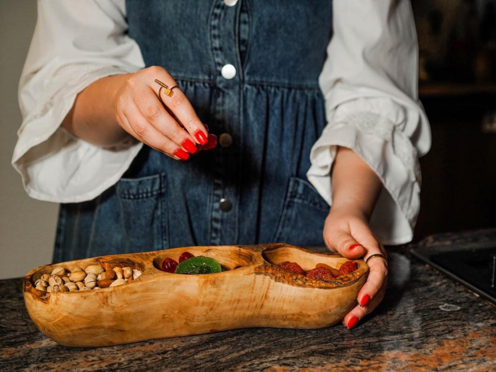 Handmade Olive Wood Divided Serving Tray: Rustic Snack Bowl
