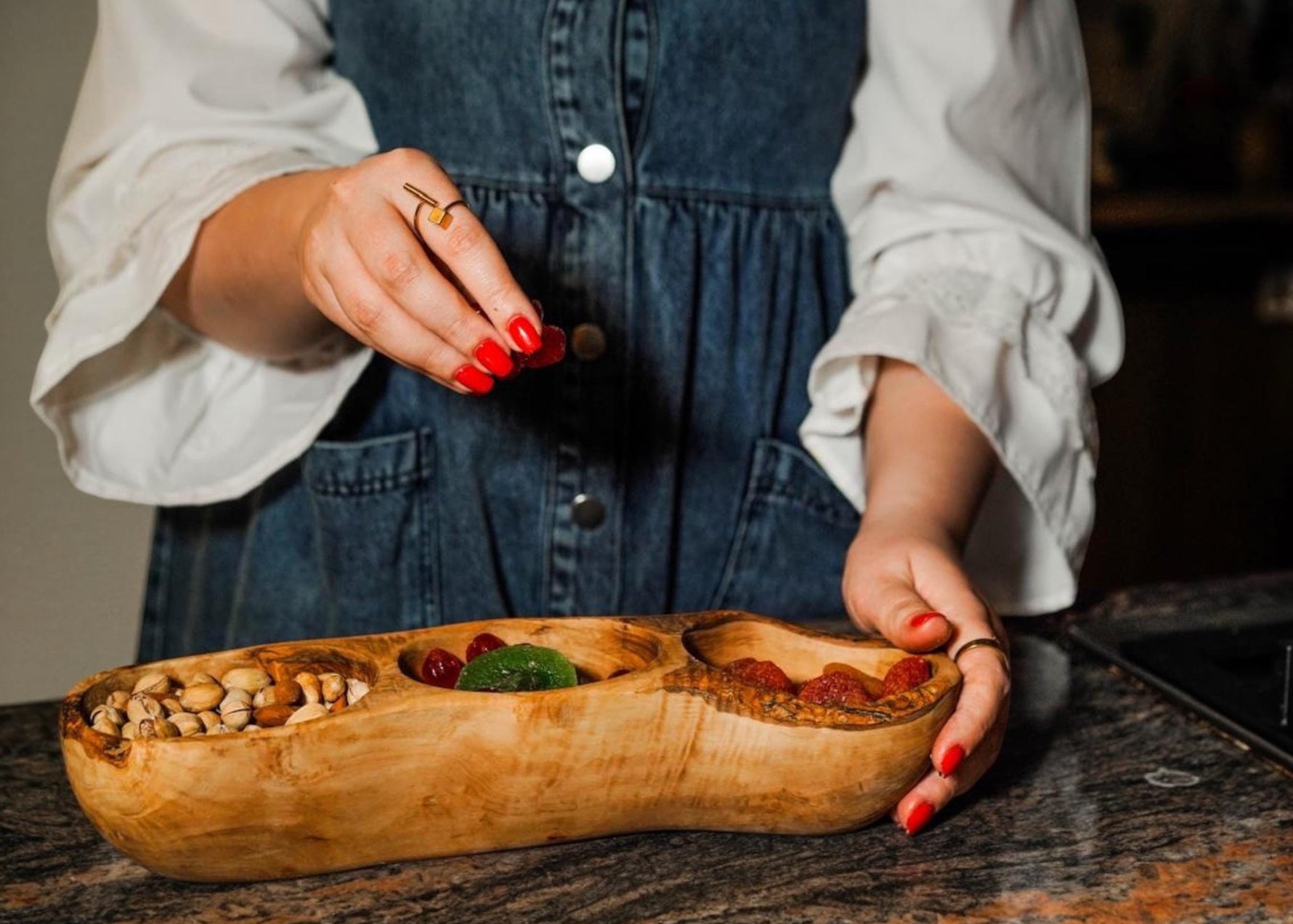 Handmade Olive Wood Divided Serving Tray: Rustic Snack Bowl