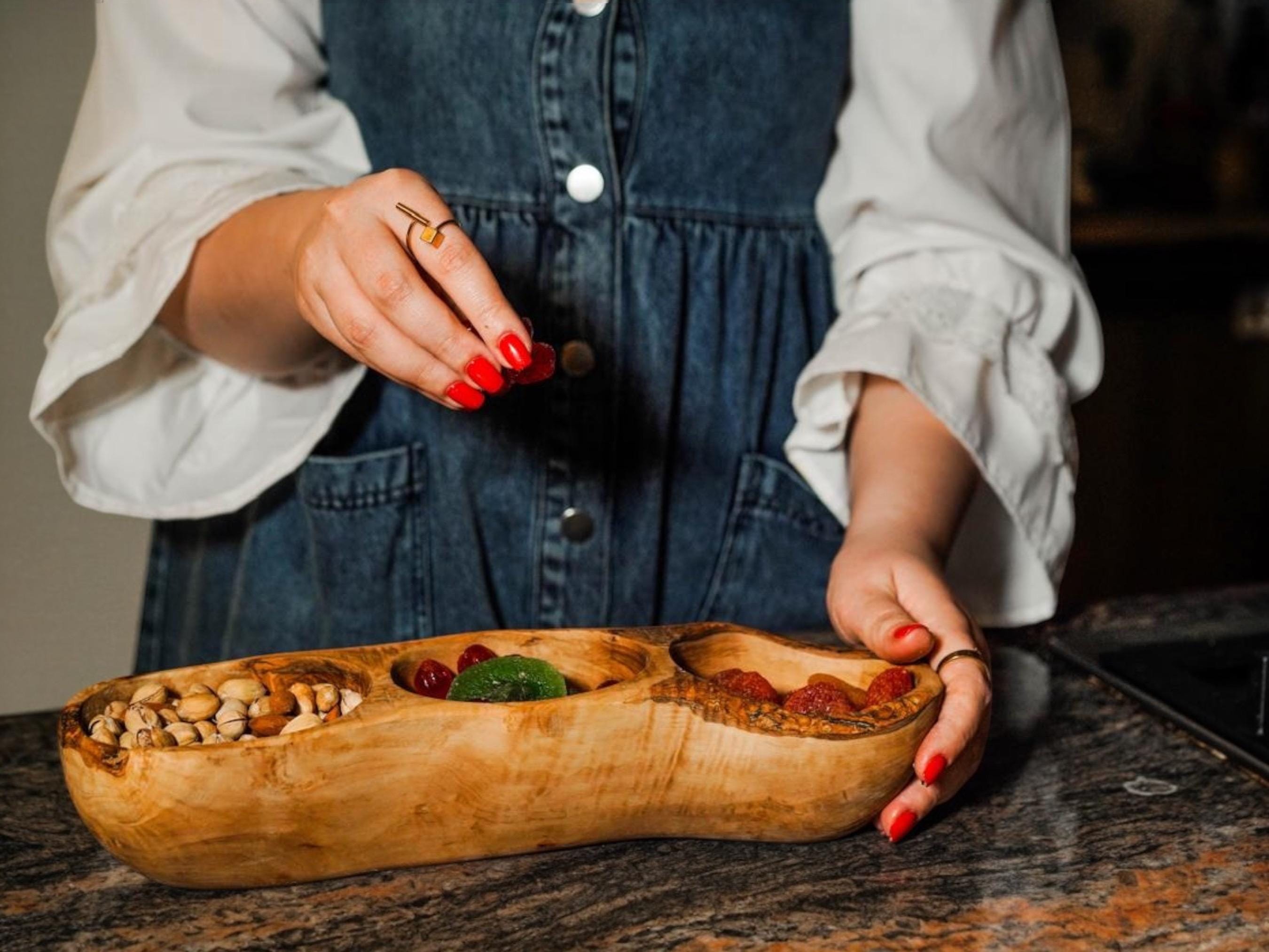 Handmade Olive Wood Divided Serving Tray: Rustic Snack Bowl