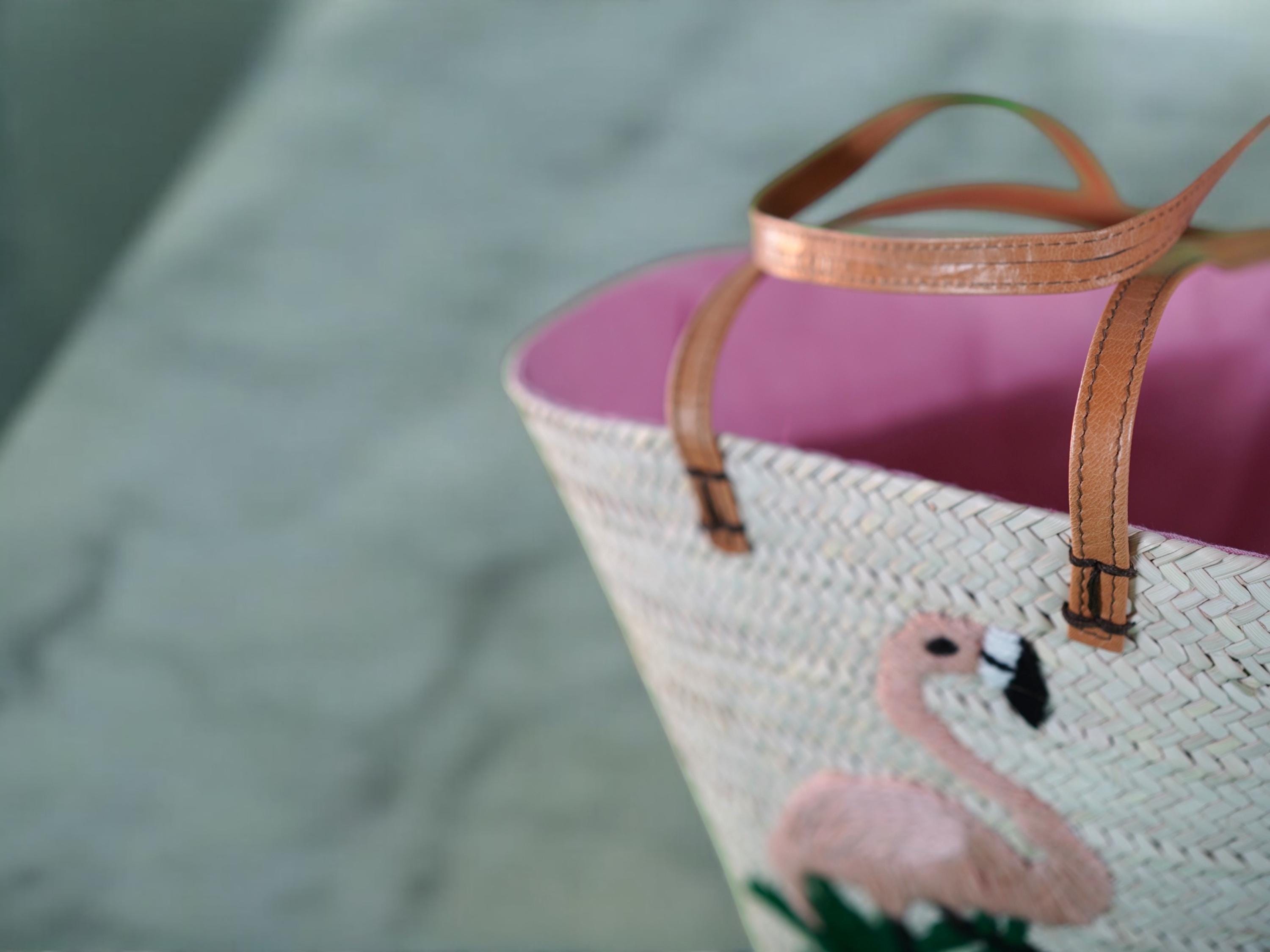 Handmade Palm Leaf Straw Bag: Embroidered Flamingo Beach Tote