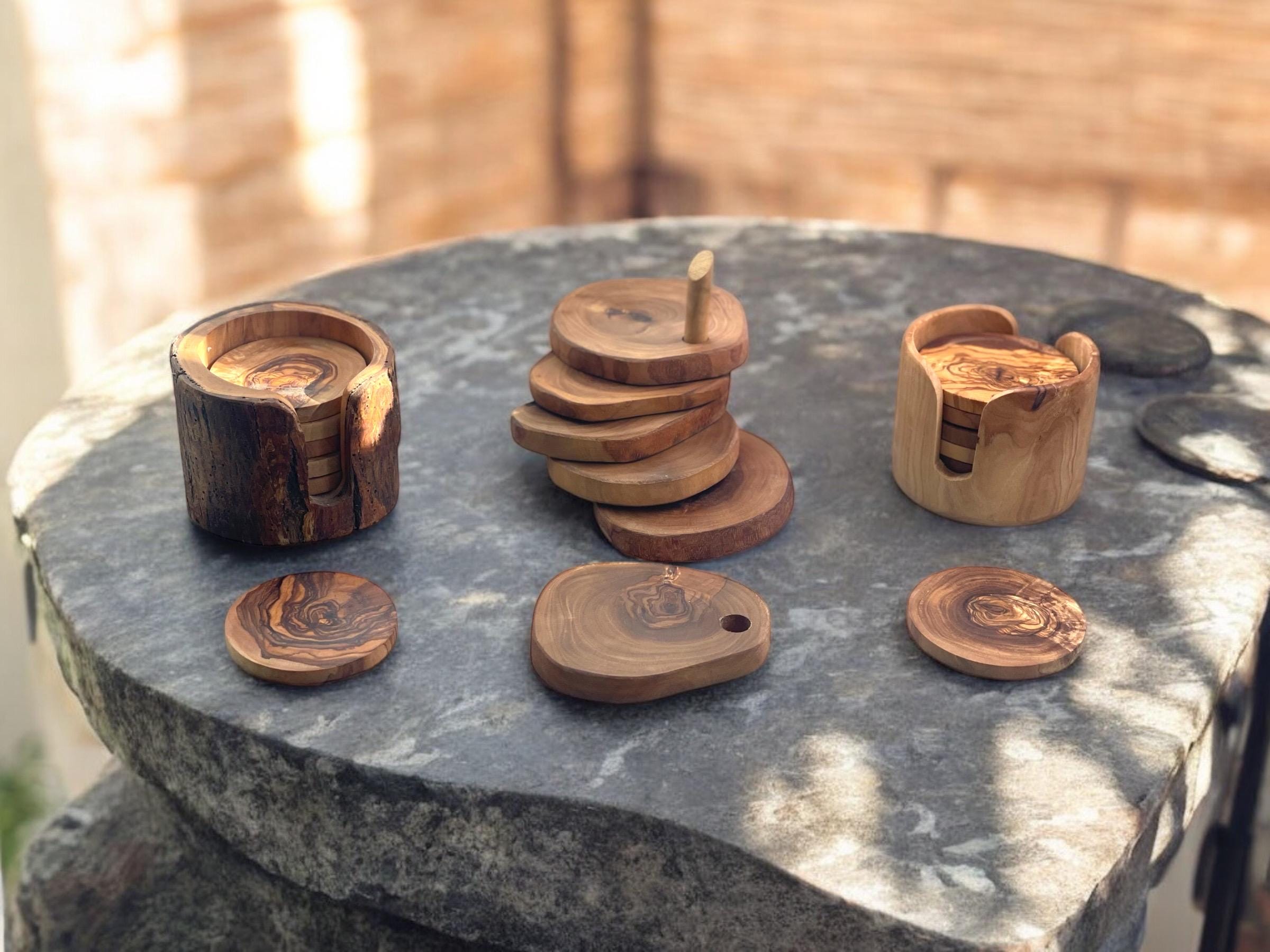 Coasters Set | Handmade with Olive Wood | Unique Rustic Wooden Coasters |Natural Coaster Set | handcrafted kitchenware |Set Of 6 Coasters