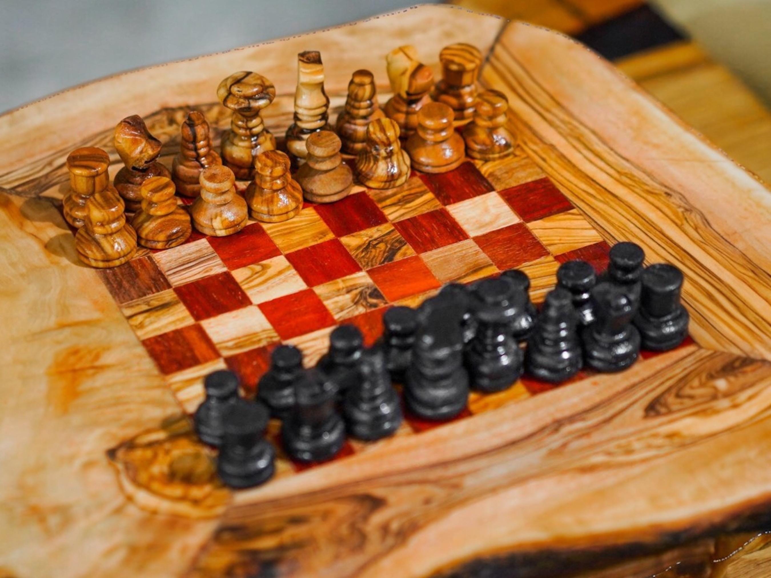 Handmade Olive Wood Chess Set: Rustic Board Game with Storage