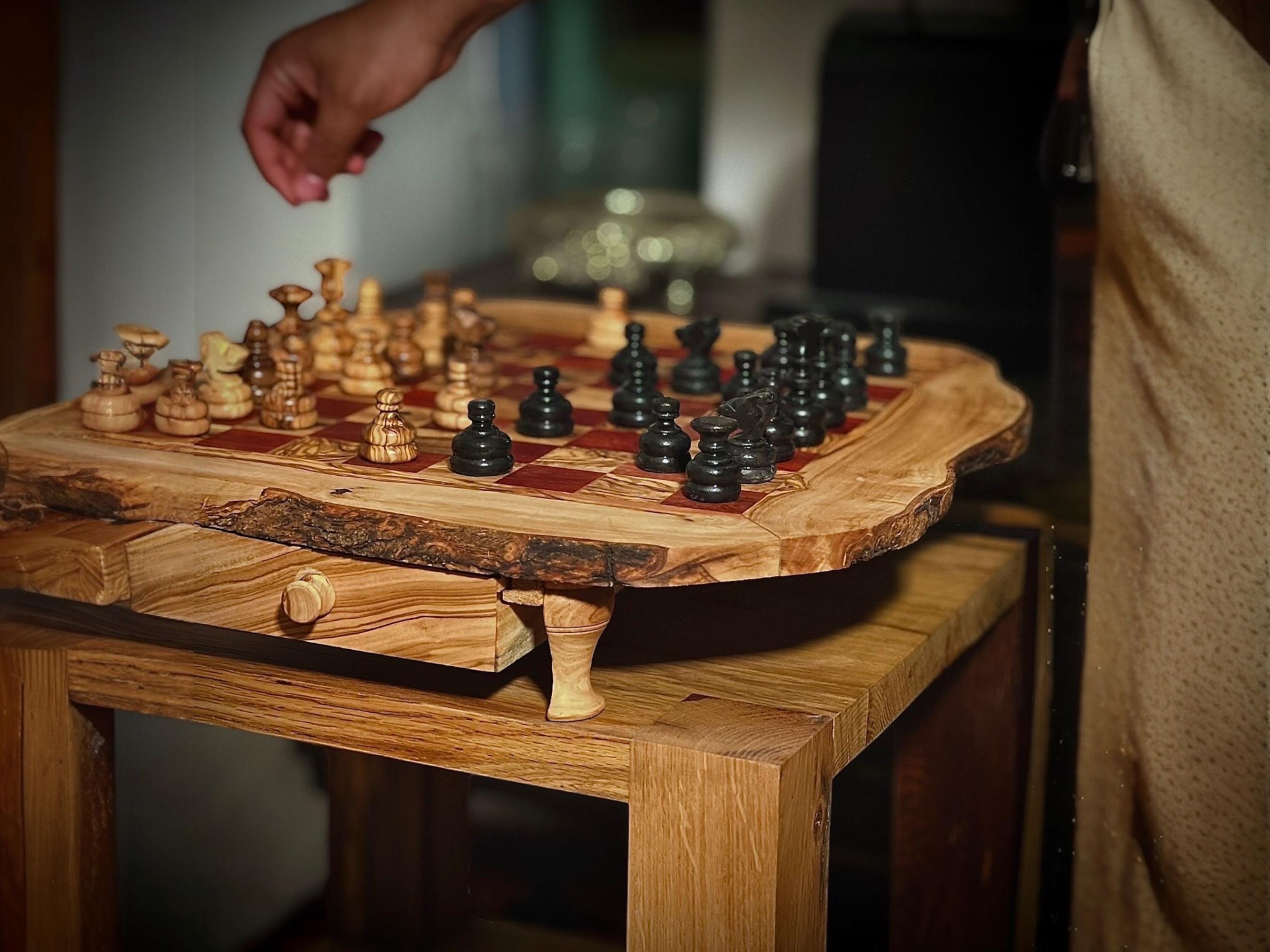 Handmade Olive Wood Chess Set: Rustic Board Game with Storage