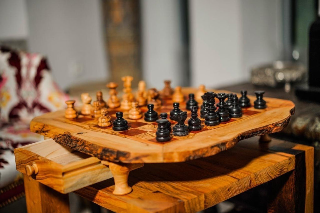 Handmade Olive Wood Chess Set: Rustic Board Game with Storage