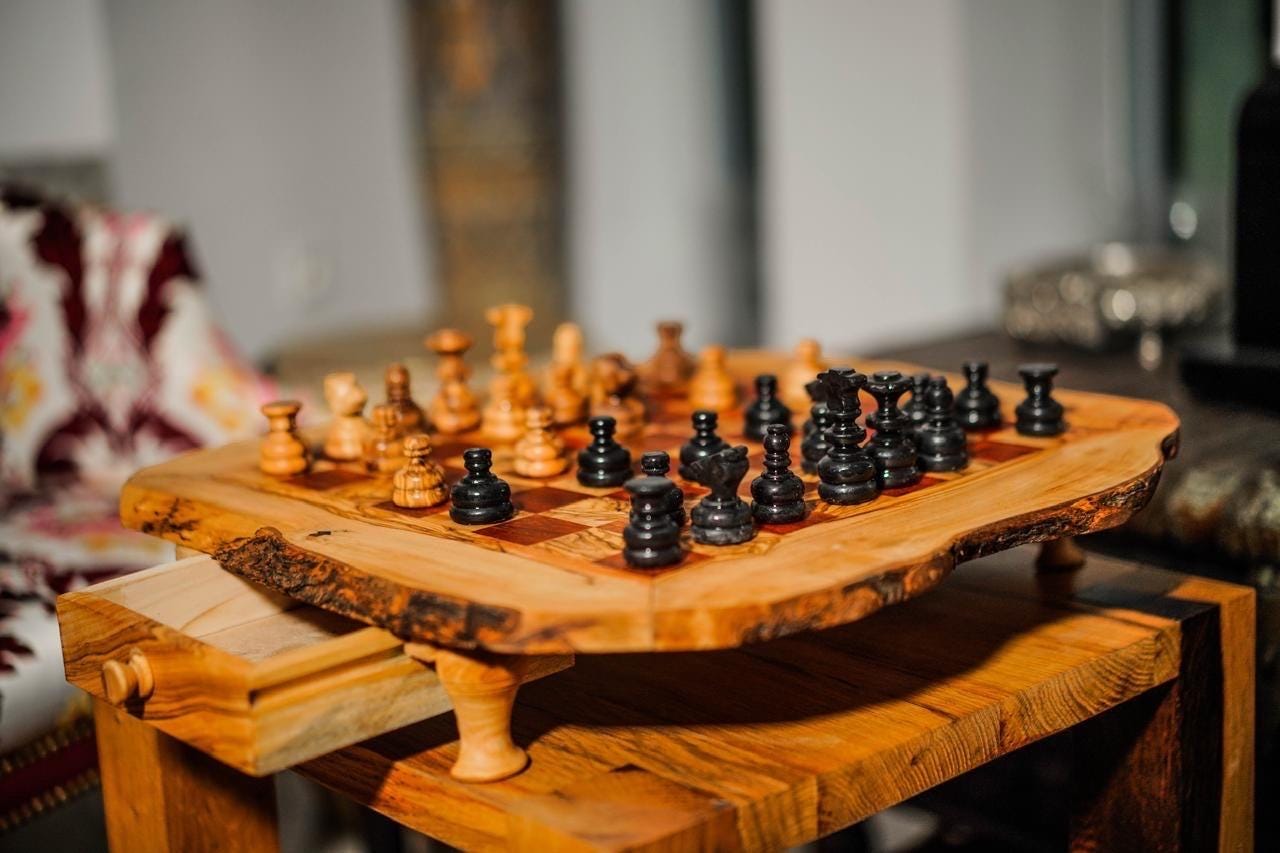 Handmade Olive Wood Chess Set: Rustic Board Game with Storage