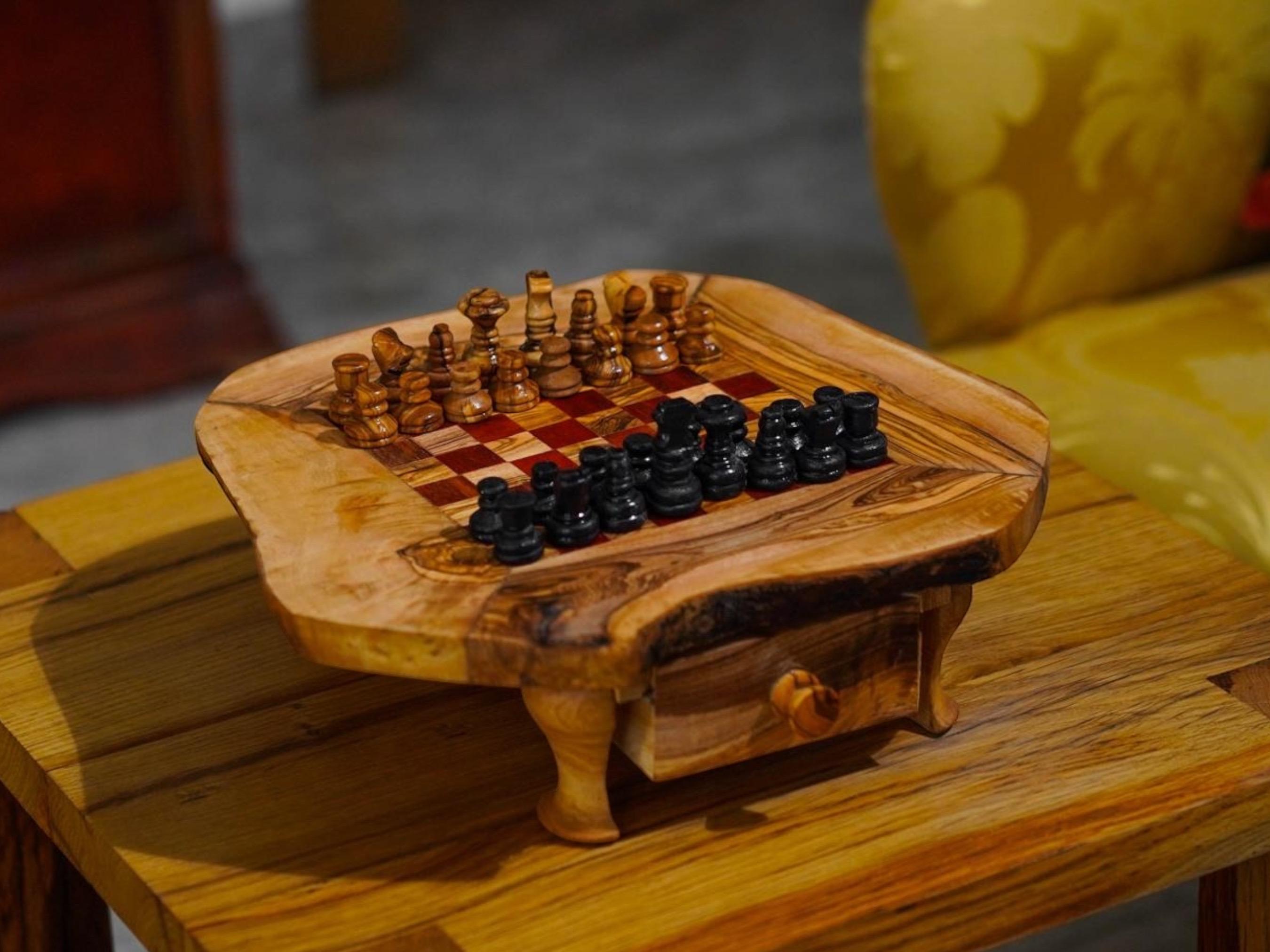 Handmade Olive Wood Chess Set: Rustic Board Game with Storage
