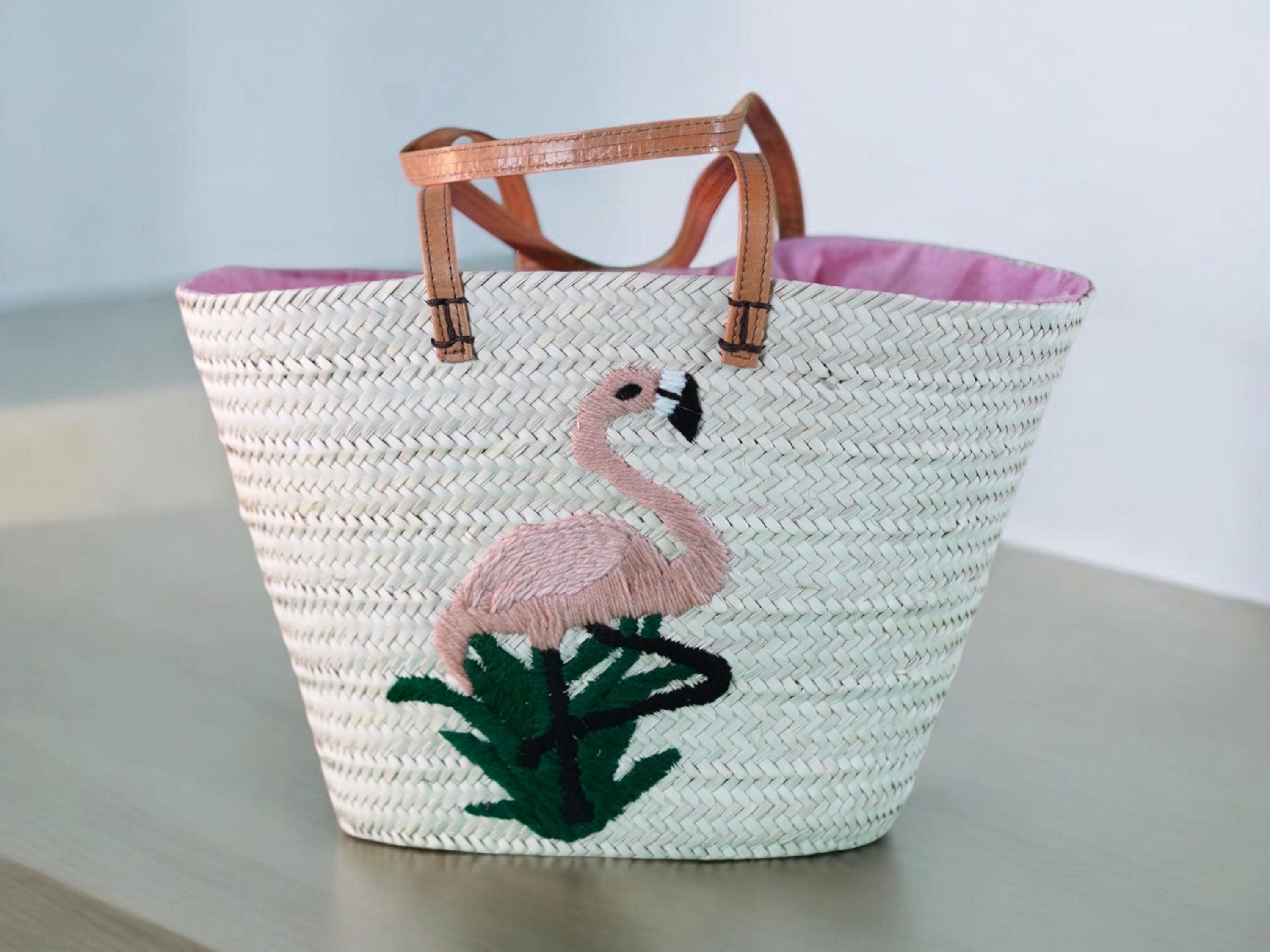 Handmade Palm Leaf Straw Bag: Embroidered Flamingo Beach Tote