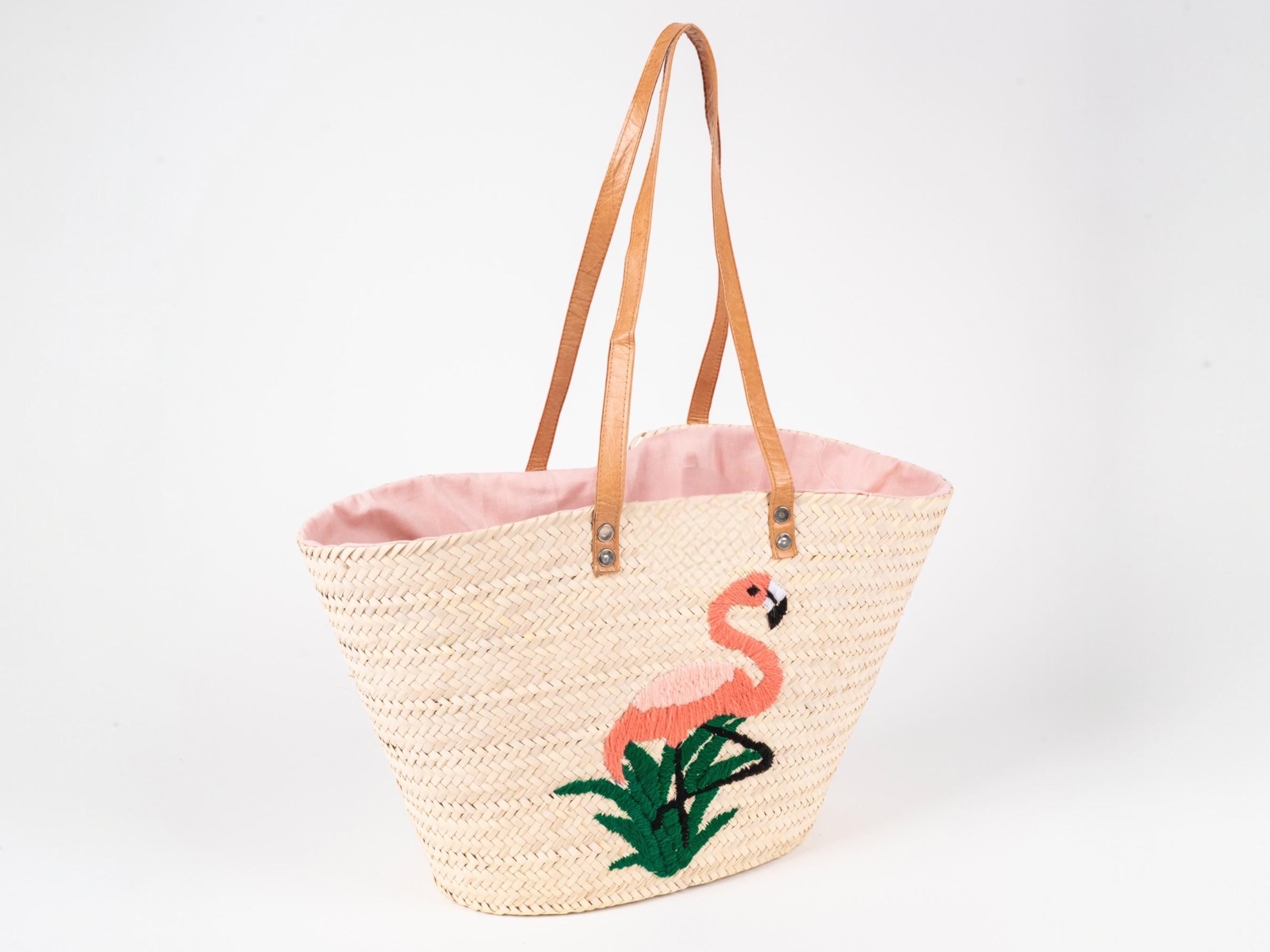 Handmade Palm Leaf Straw Bag: Embroidered Flamingo Beach Tote