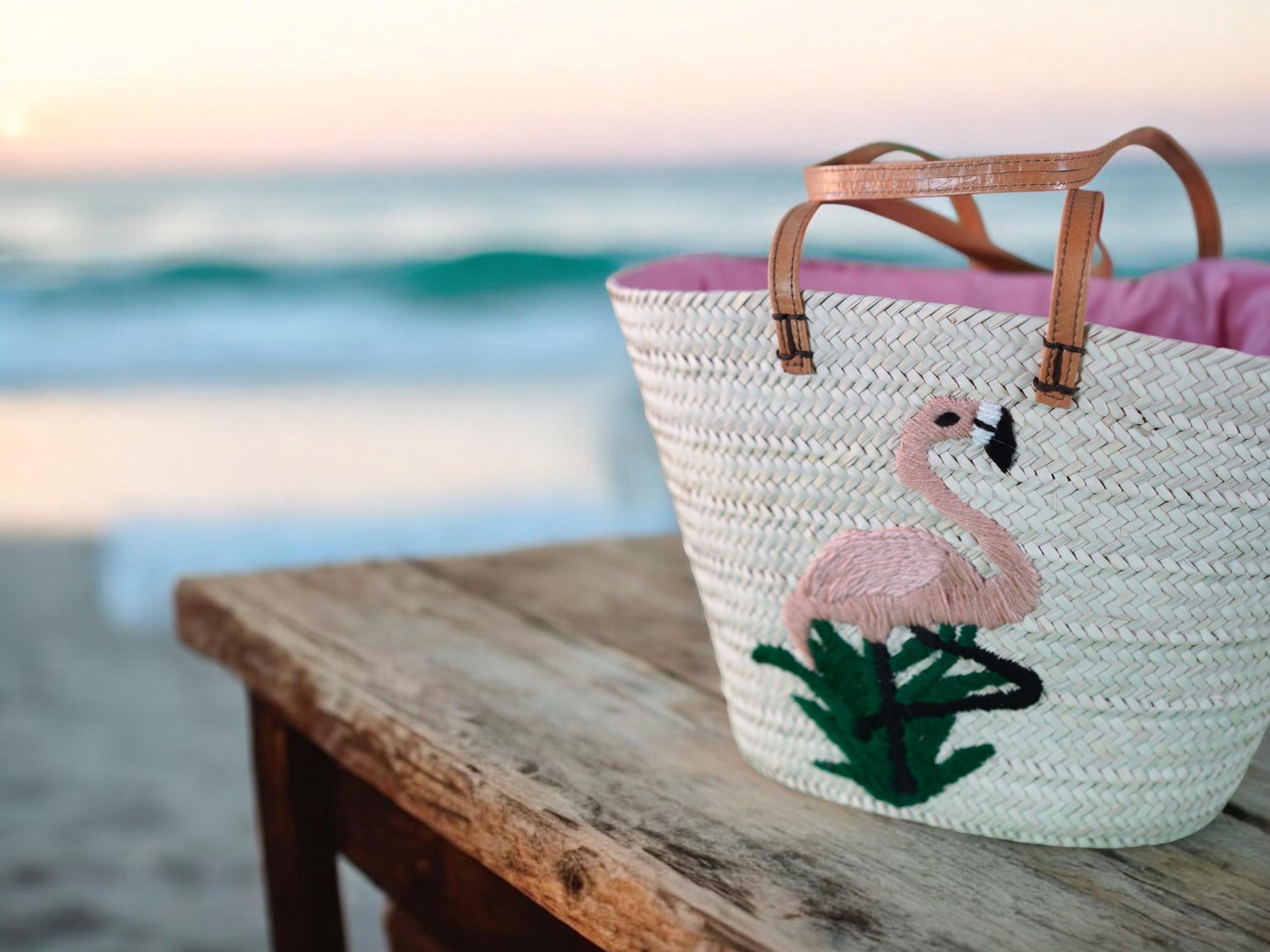 Handmade Palm Leaf Straw Bag: Embroidered Flamingo Beach Tote
