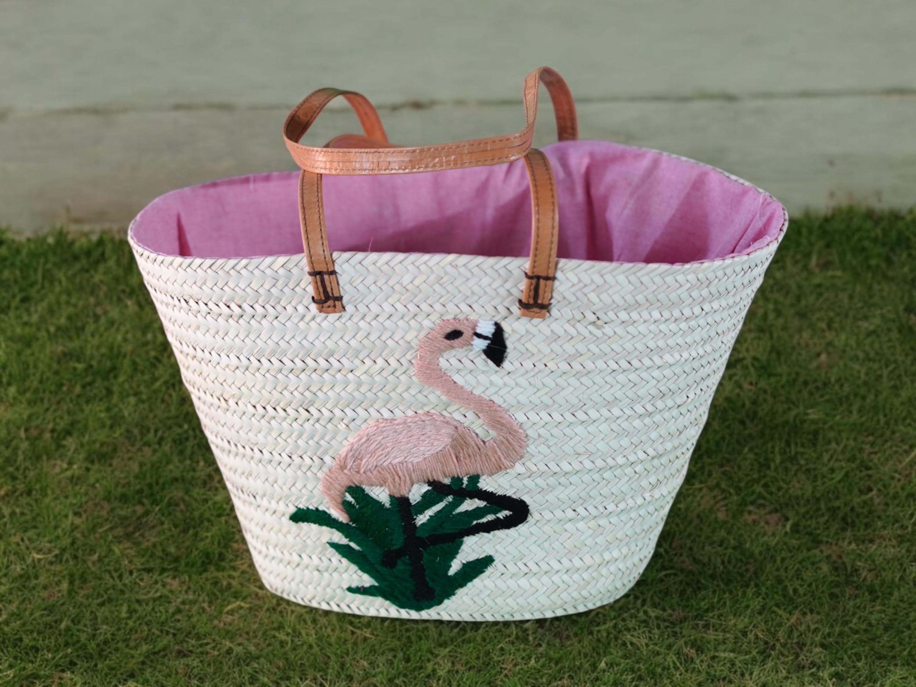 Handmade Palm Leaf Straw Bag: Embroidered Flamingo Beach Tote