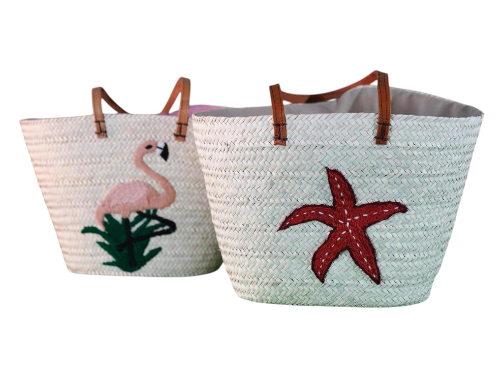 Handmade Palm Leaf Straw Bag: Embroidered Flamingo Beach Tote