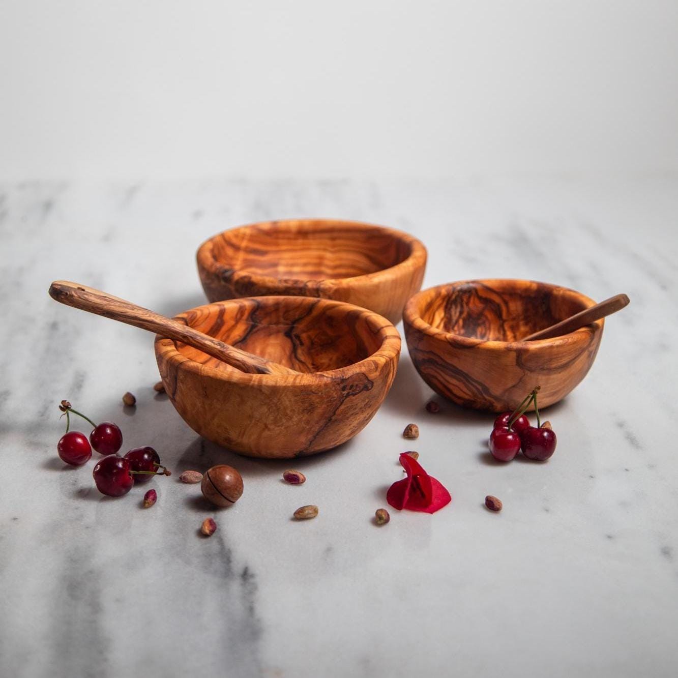 Handcrafted Olive Wood Bowls - Set of 3 Artisan Serving Bowls