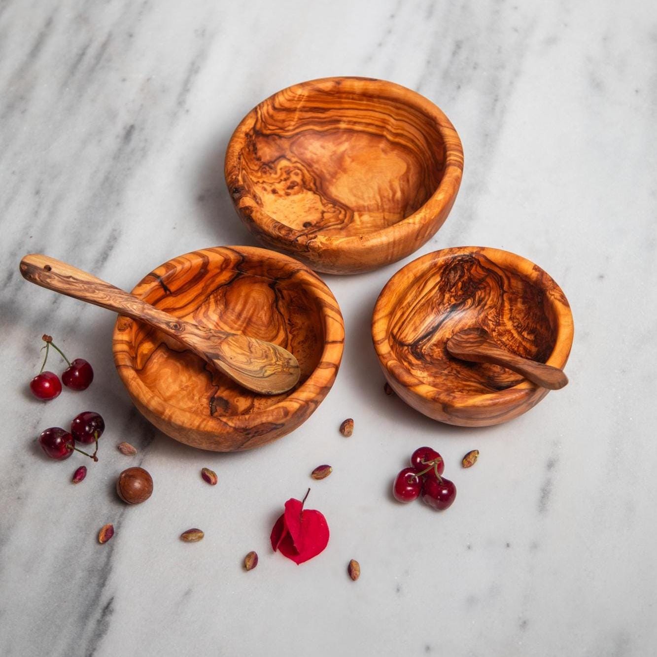 Handcrafted Olive Wood Bowls - Set of 3 Artisan Serving Bowls
