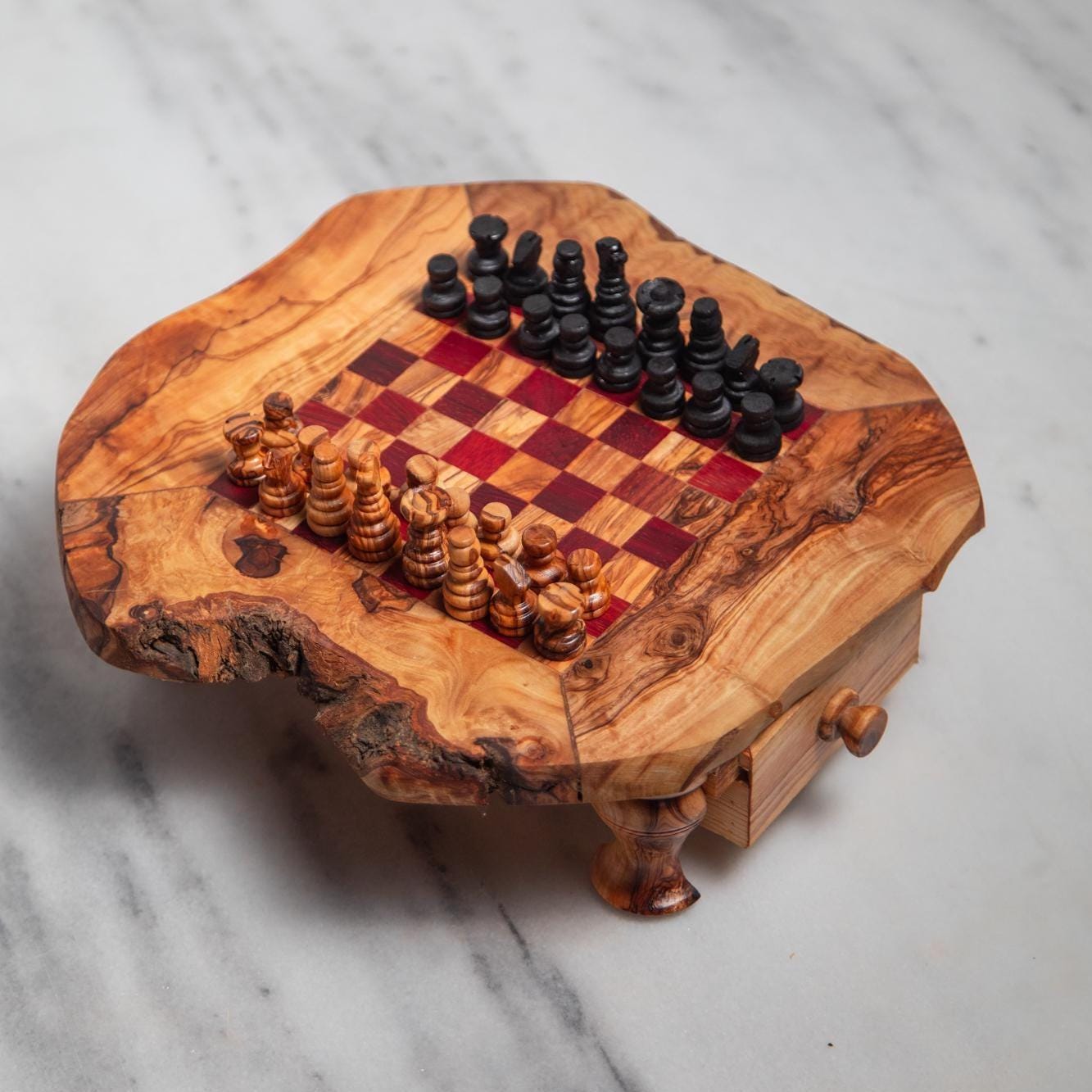 Handmade Olive Wood Chess Table – Red & Beige Squares – Game Table with Storage – Rustic Short-Leg Design – 3 Sizes