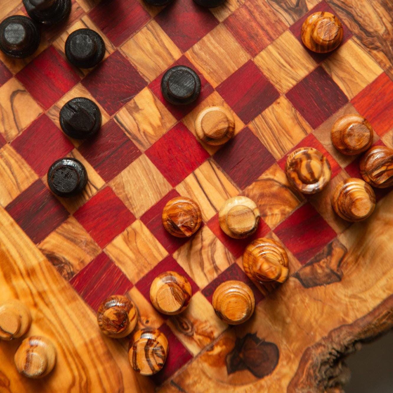 Handmade Olive Wood Chess Table – Red & Beige Squares – Game Table with Storage – Rustic Short-Leg Design – 3 Sizes
