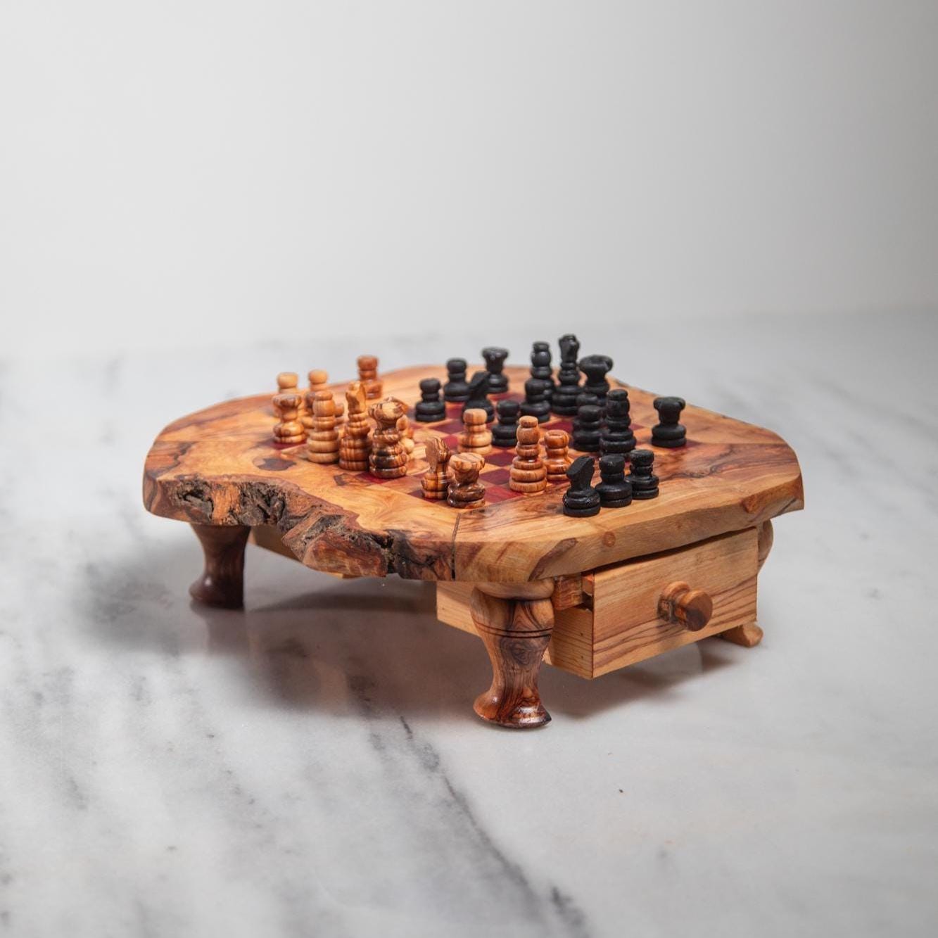 Handmade Olive Wood Chess Table – Red & Beige Squares – Game Table with Storage – Rustic Short-Leg Design – 3 Sizes