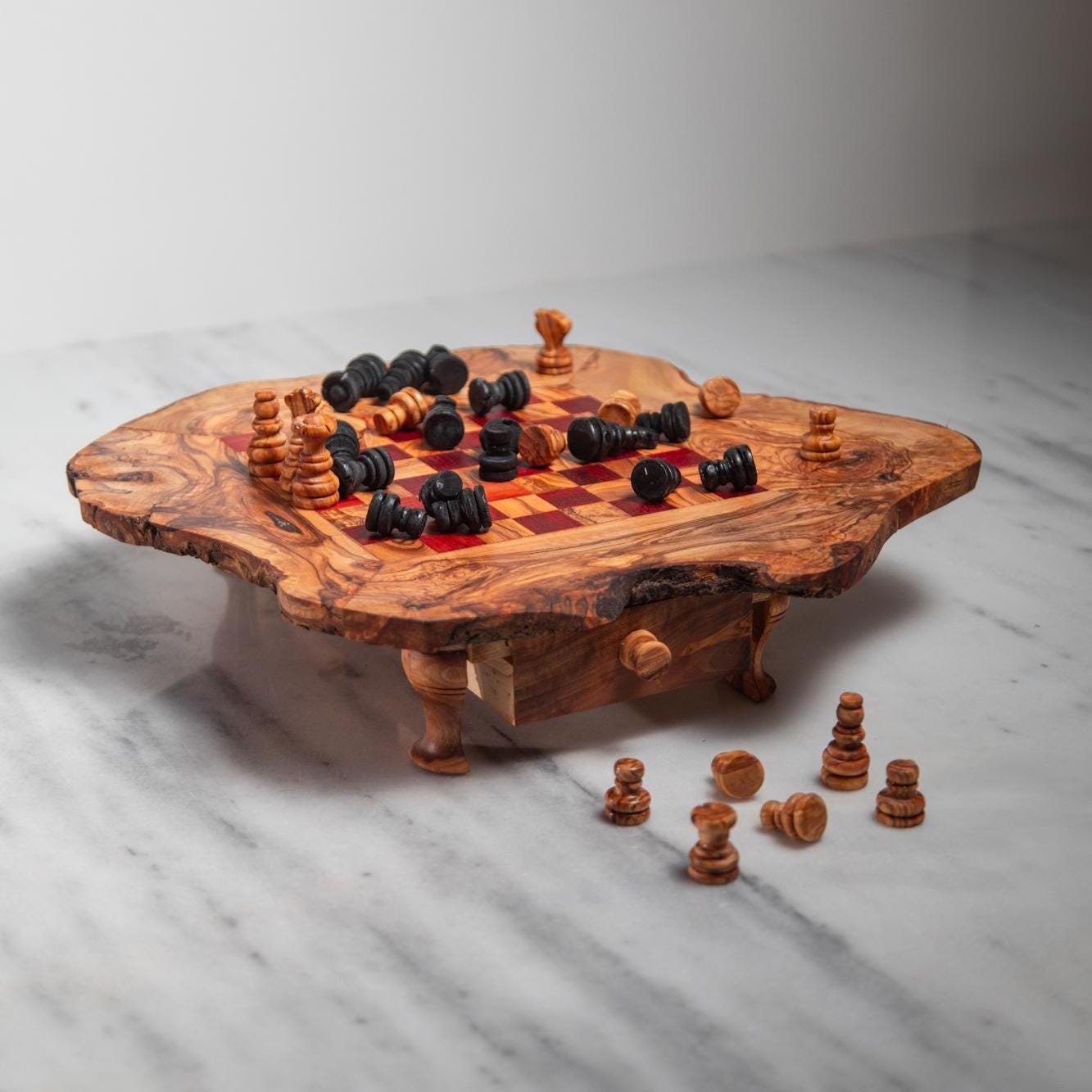 Handmade Olive Wood Chess Table – Red & Beige Squares – Game Table with Storage – Rustic Short-Leg Design – 3 Sizes