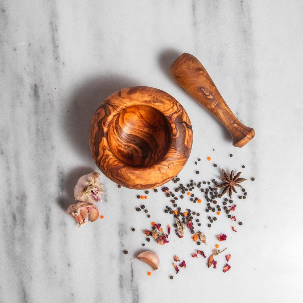 Rustic Olive Wood Mortar and Pestle – Organic Shape – Handmade Spice Grinder Bowl – Tunisian Artisan Kitchen Tool