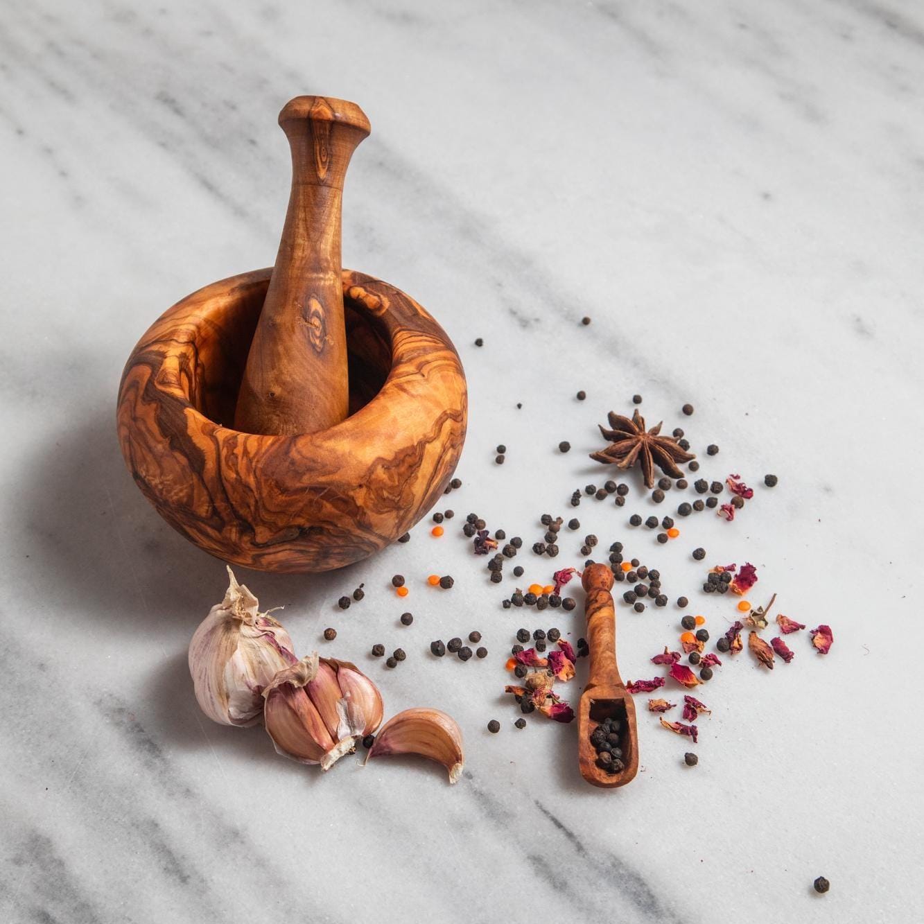 Rustic Olive Wood Mortar and Pestle – Organic Shape – Handmade Spice Grinder Bowl – Tunisian Artisan Kitchen Tool