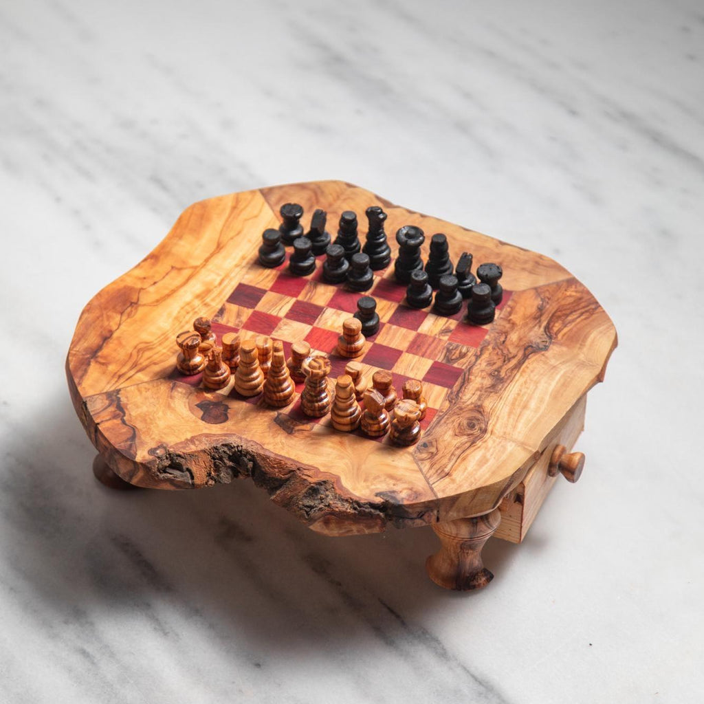 Handmade Olive Wood Chess Table – Red & Beige Squares – Game Table with Storage – Rustic Short-Leg Design – 3 Sizes