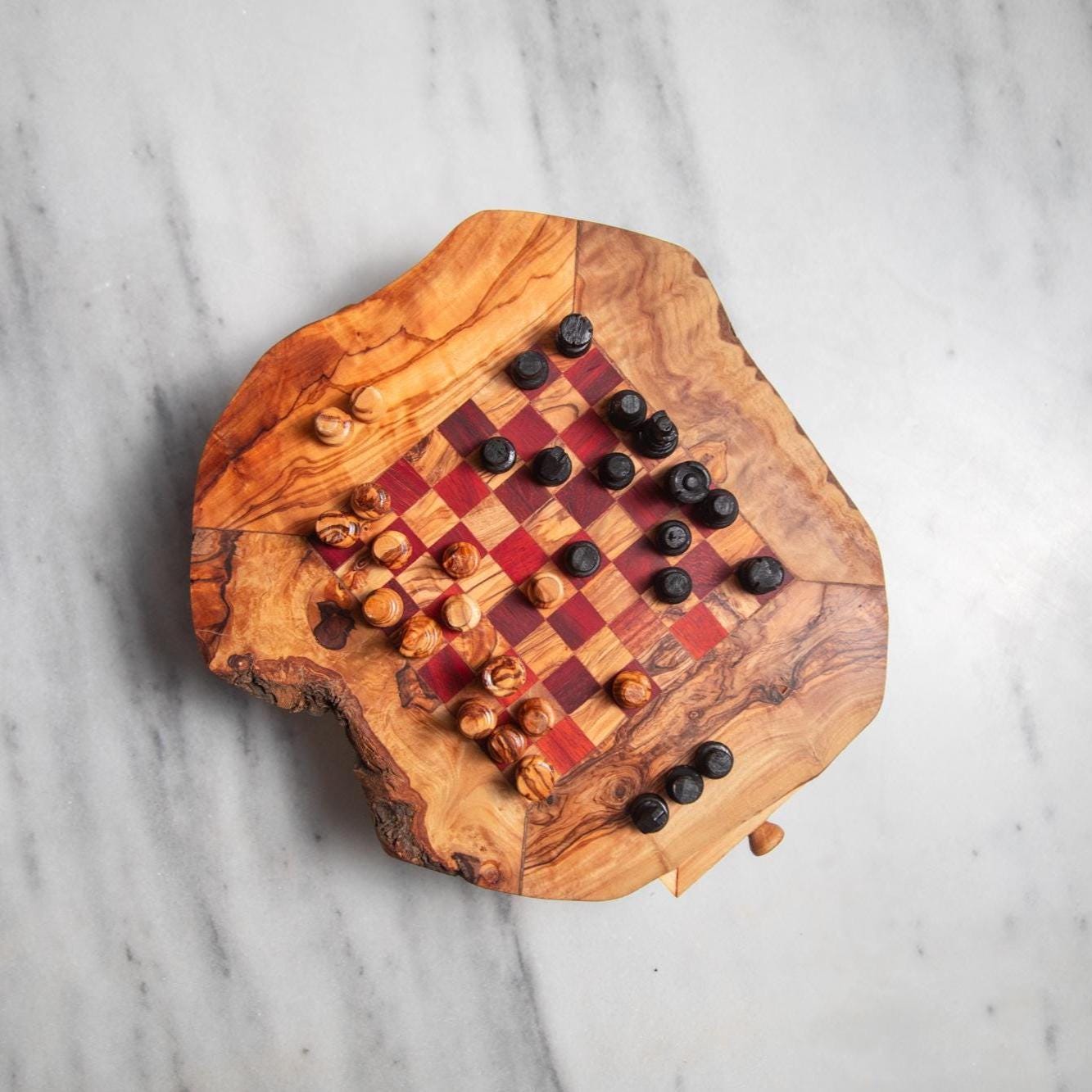 Handmade Olive Wood Chess Table – Red & Beige Squares – Game Table with Storage – Rustic Short-Leg Design – 3 Sizes